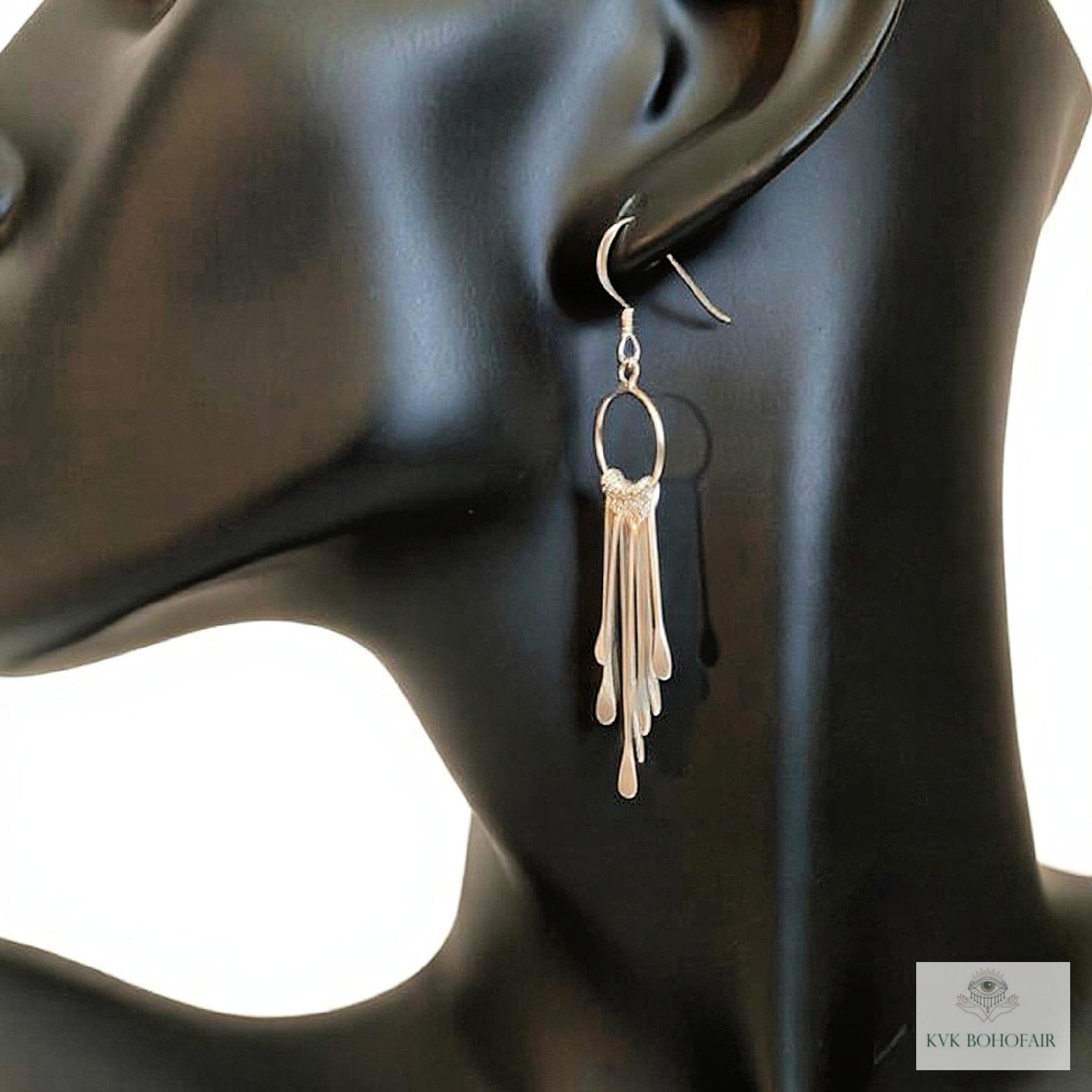 Sterling Silver Fringe Paddle Earrings, Handcrafted Boho Dangles, Unique Metallic Statement Drops