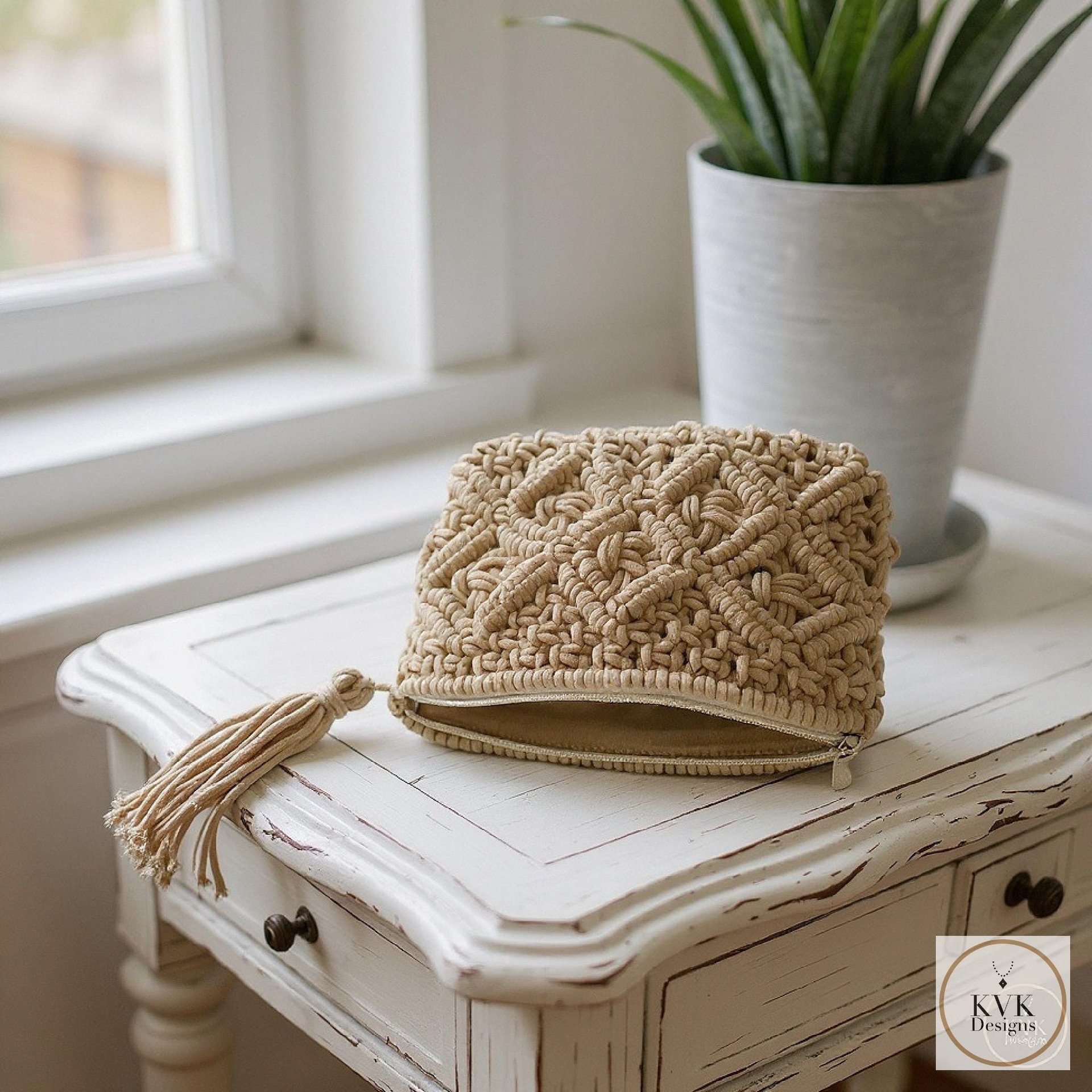 Tan Macramé Clutch Bag - Boho Bag, Summer Purse