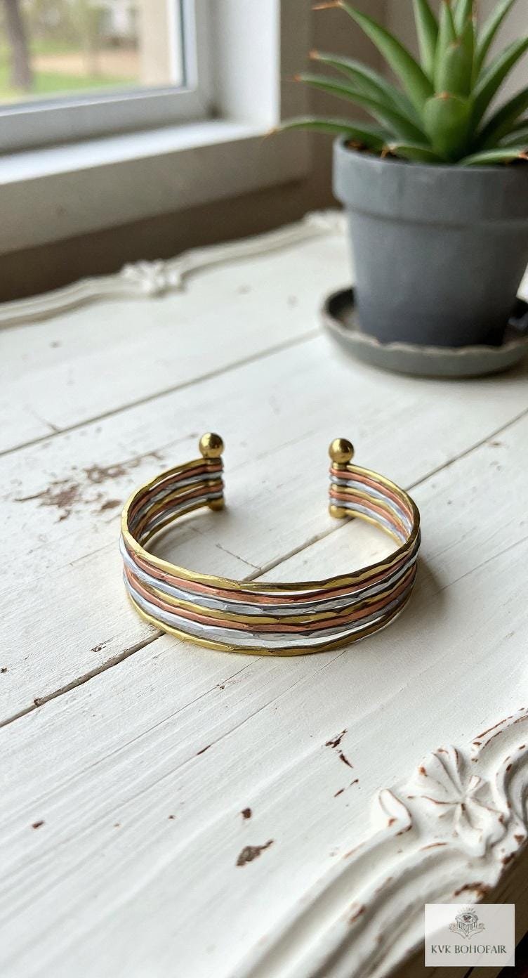 Thin Hammered Mixed Metal Cuff Bracelet - Handcrafted Stacking Bangle