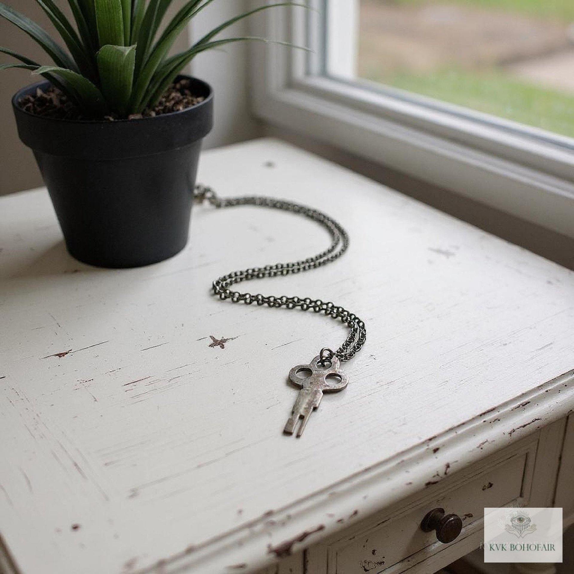 Antique Flat Lock Key Necklace, Repurposed Steel Pendant, Industrial Jewelry
