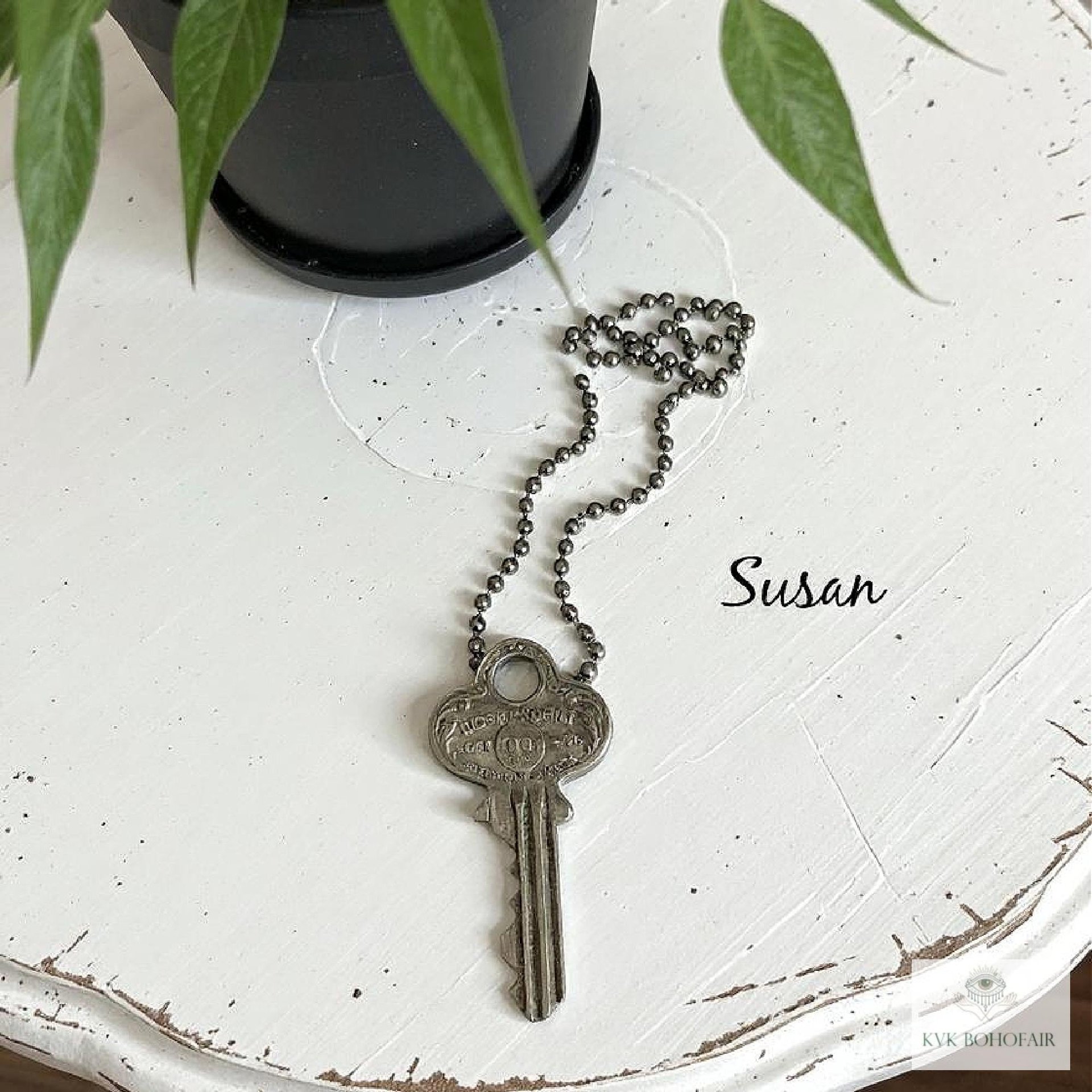 Antique Brass Key Necklace, 1920s Repurposed Pendant, Gunmetal Ball Jewelry