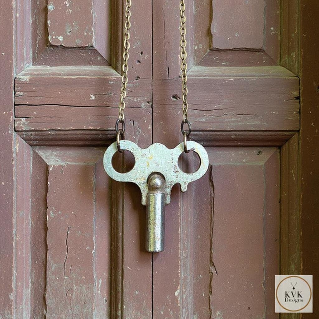 Vintage Clock Key Necklace PENELOPE, Repurposed Brass Winding Pendant, Steampunk