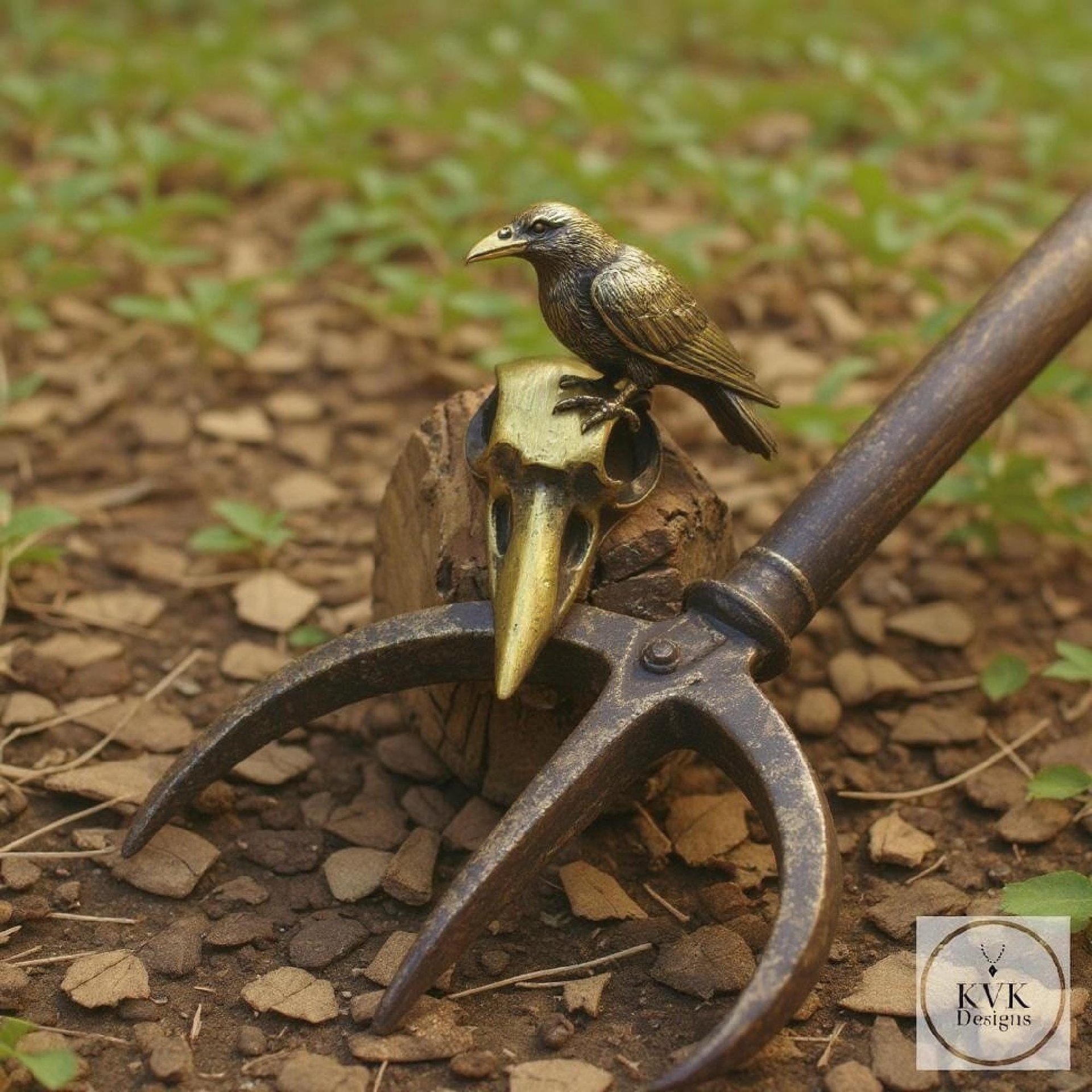 Gothic Crow Skull Necklace, Brass Raven Bird Pendant, Witchy Jewelry