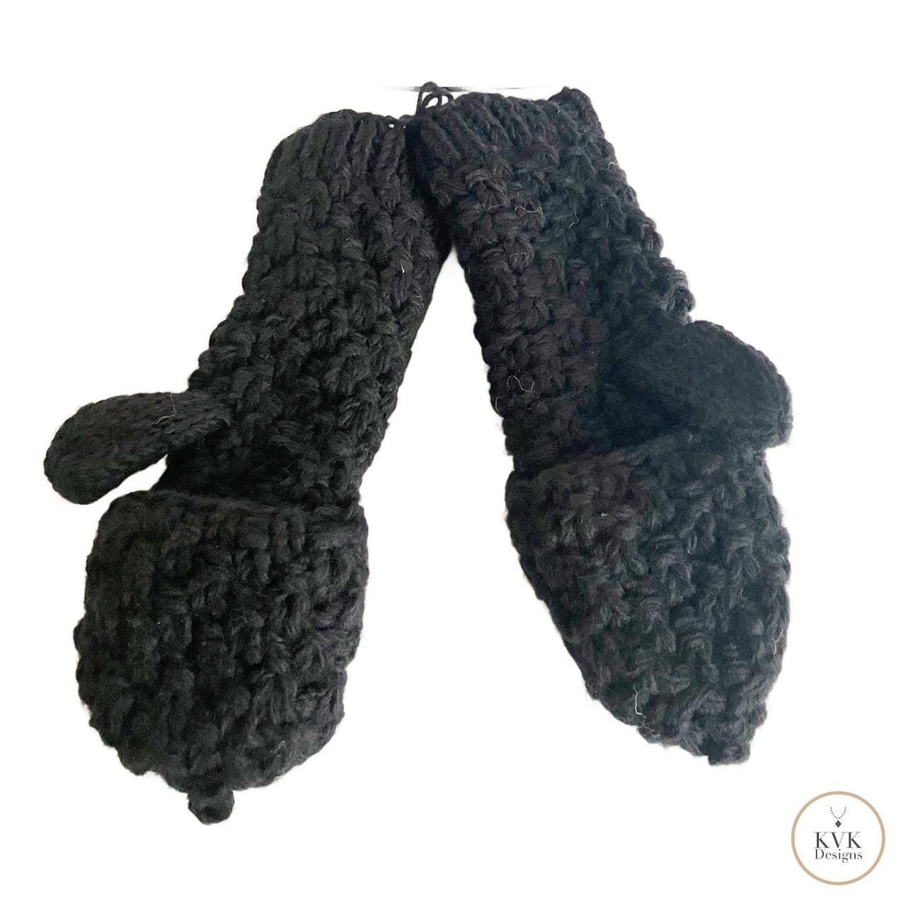 Hand-Knit Black Wool Mittens with Wooden Buttons - Convertible Fingerless Gloves