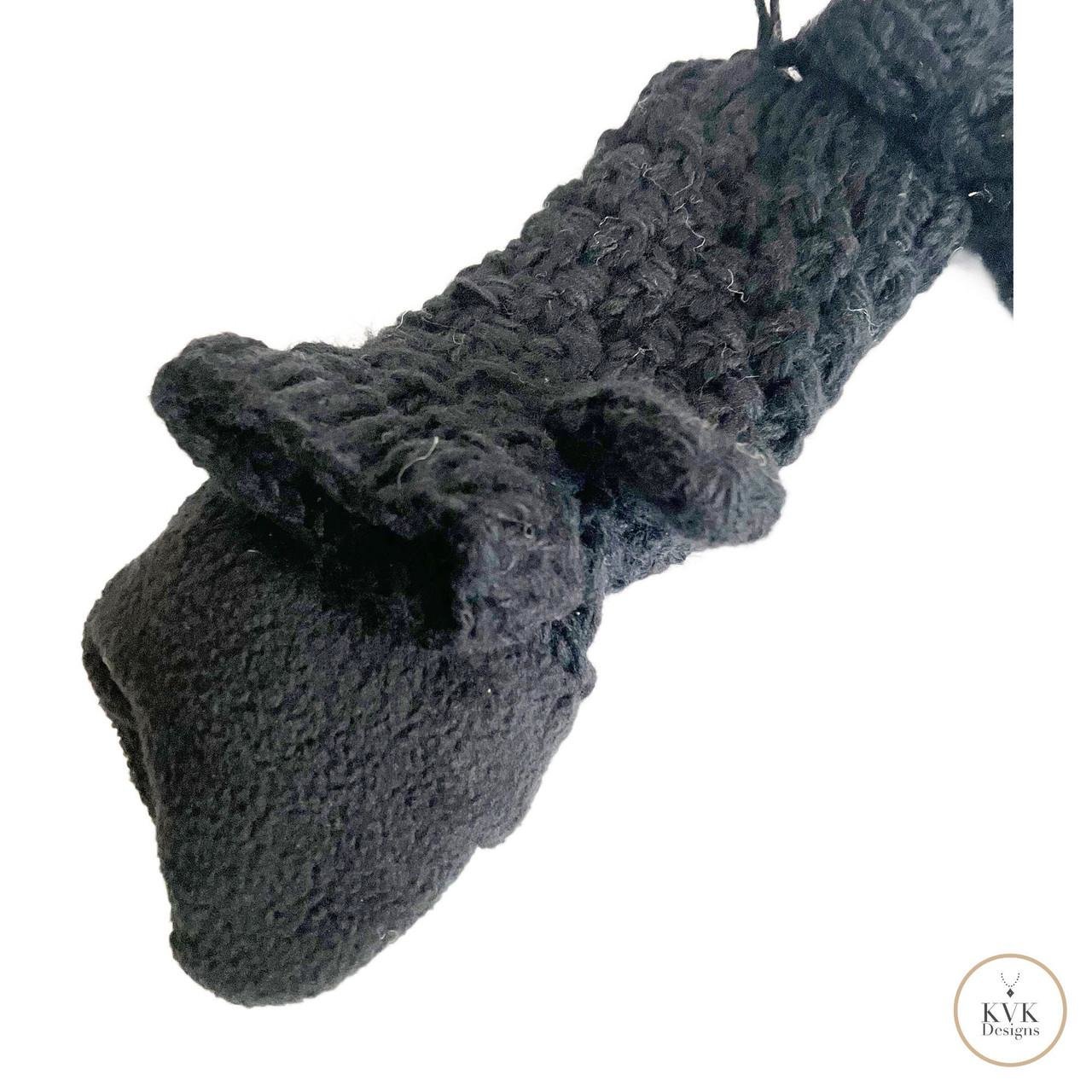 Hand-Knit Black Wool Mittens with Wooden Buttons - Convertible Fingerless Gloves