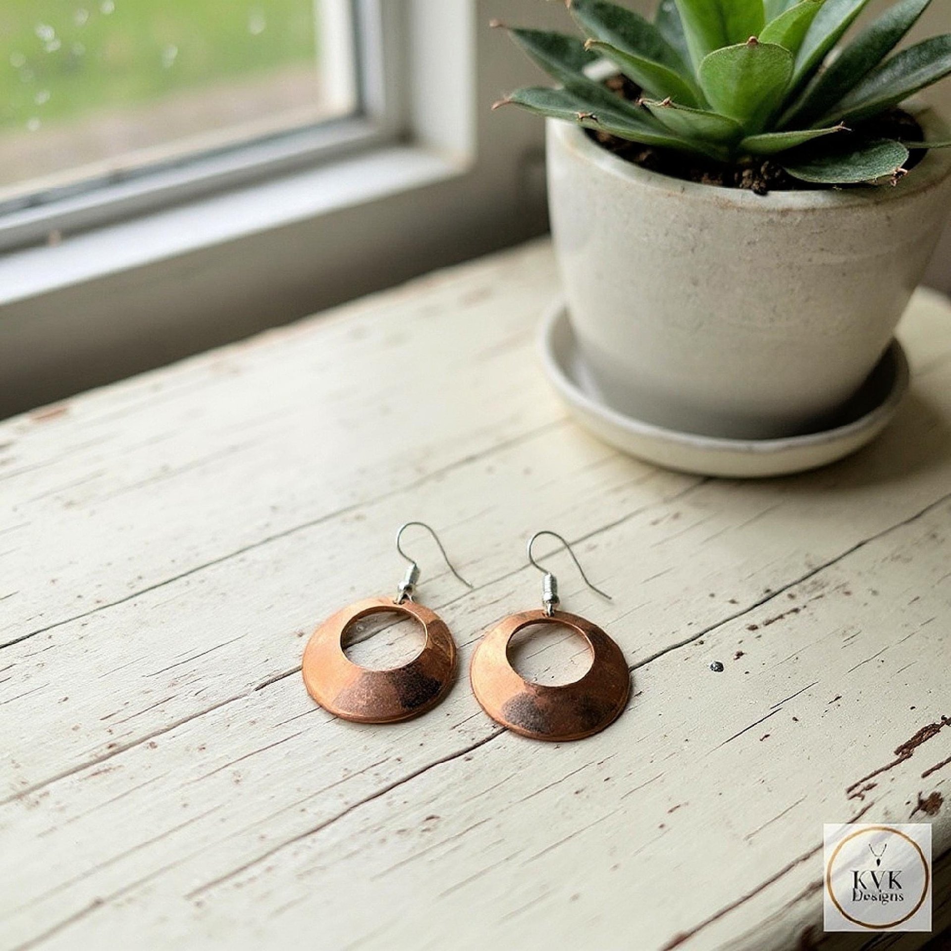 Round Copper Hoop Earrings - Boho Earrings, Handcrafted Hammered Dangles
