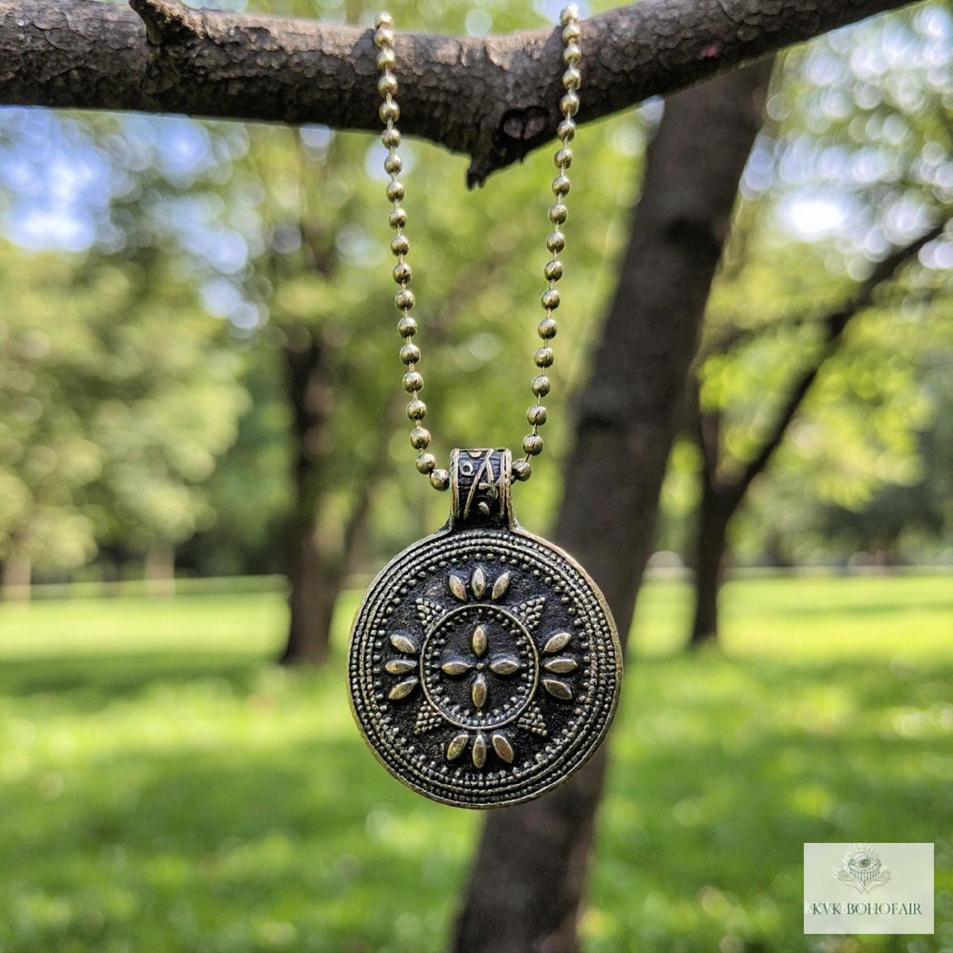 Bohemian Antique Bronze Tribal Pendant Necklace - 24 Inch Chain Boho Jewelry