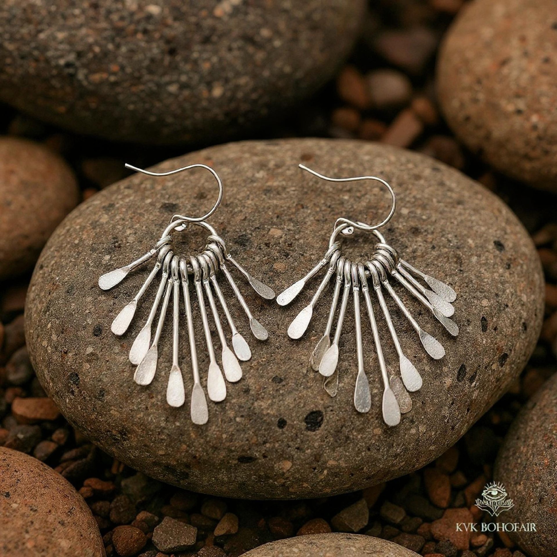 Boho Silver Plated Fringe Paddle Earrings, Sterling Silver Wires, Artisan Chandelier Dangles