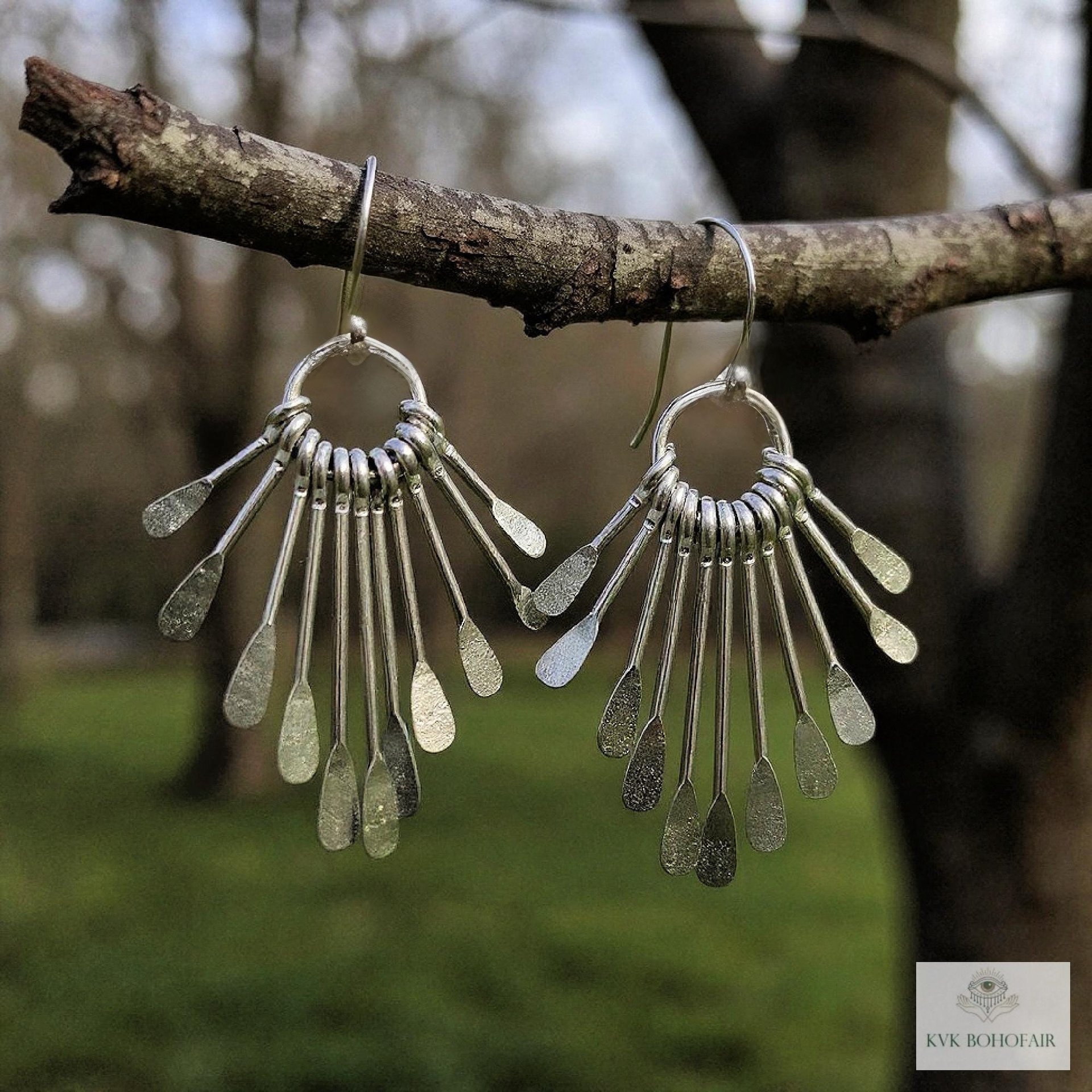 Boho Silver Plated Fringe Paddle Earrings, Sterling Silver Wires, Artisan Chandelier Dangles