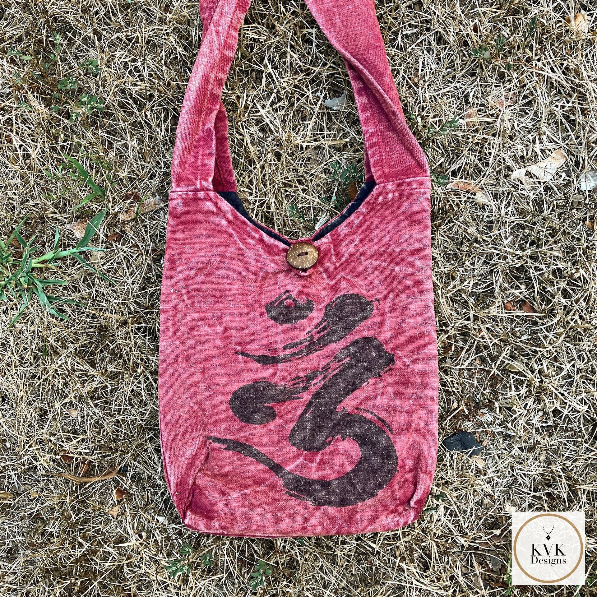 Red Handmade Crossbody Bag with Spiritual OM Symbol - Hippie Style Shoulder Bag