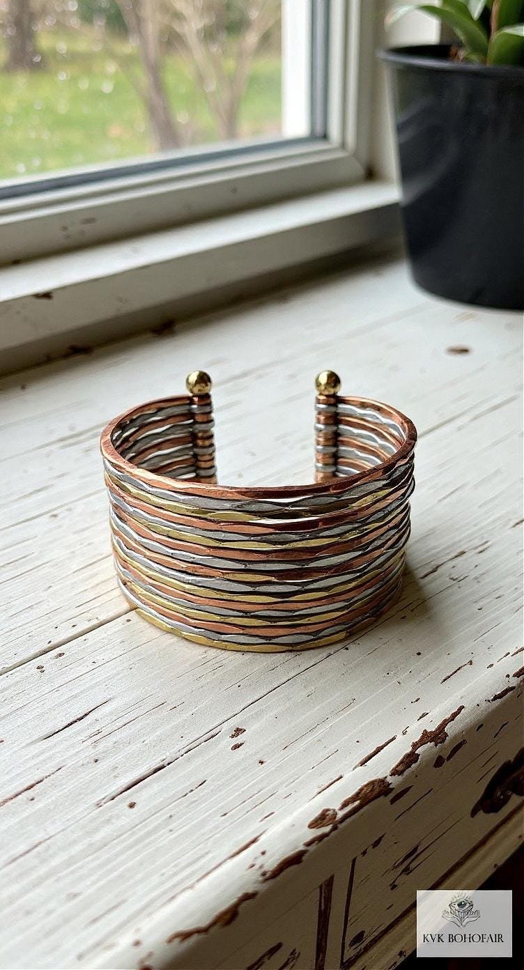 Wide Hammered Mixed Metal Cuff Bracelet - Statement Artisan Jewelry