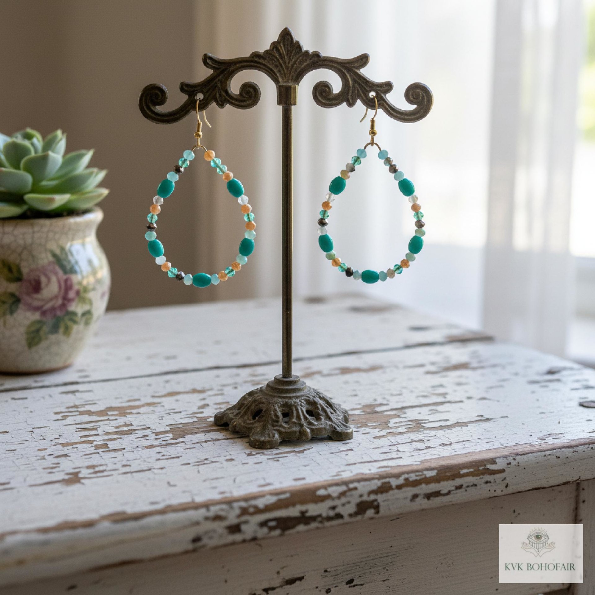 Boho Teardrop Earrings with Turquoise Beads - Antique Gold Dangle Jewelry