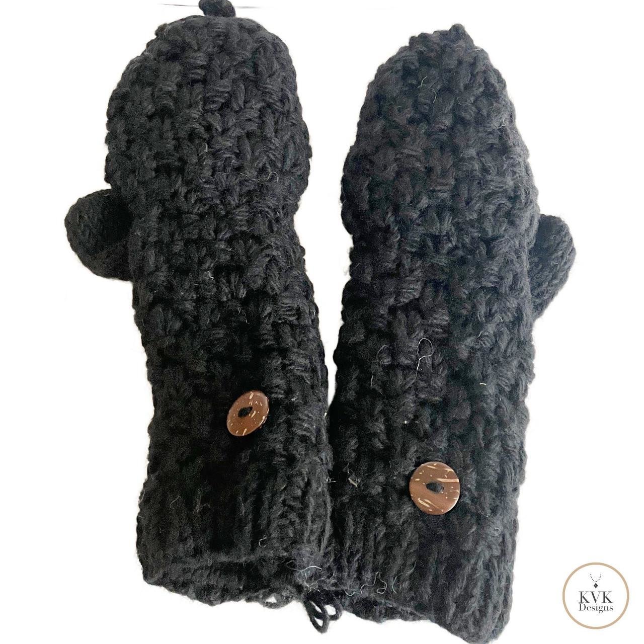 Hand-Knit Black Wool Mittens with Wooden Buttons - Convertible Fingerless Gloves