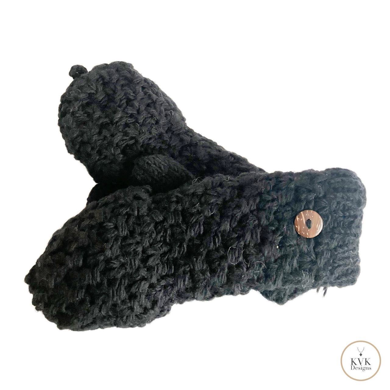 Hand-Knit Black Wool Mittens with Wooden Buttons - Convertible Fingerless Gloves