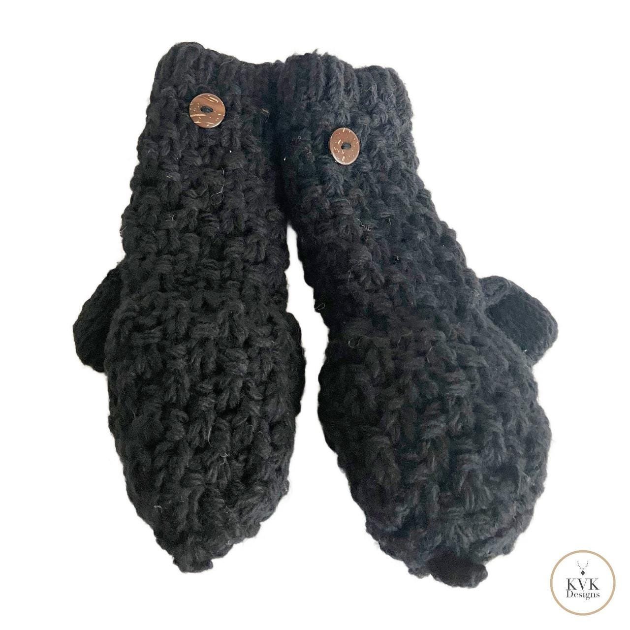 Hand-Knit Black Wool Mittens with Wooden Buttons - Convertible Fingerless Gloves