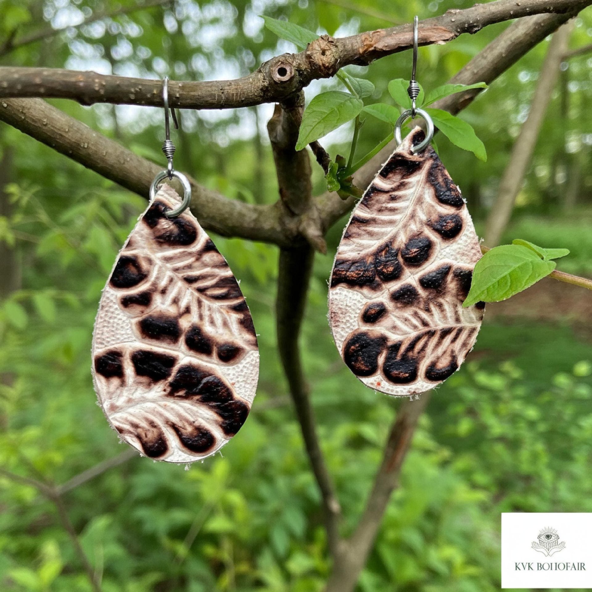 Brown Floral Leather Teardrop Earrings - Hand Tooled Cream Leaf Dangles