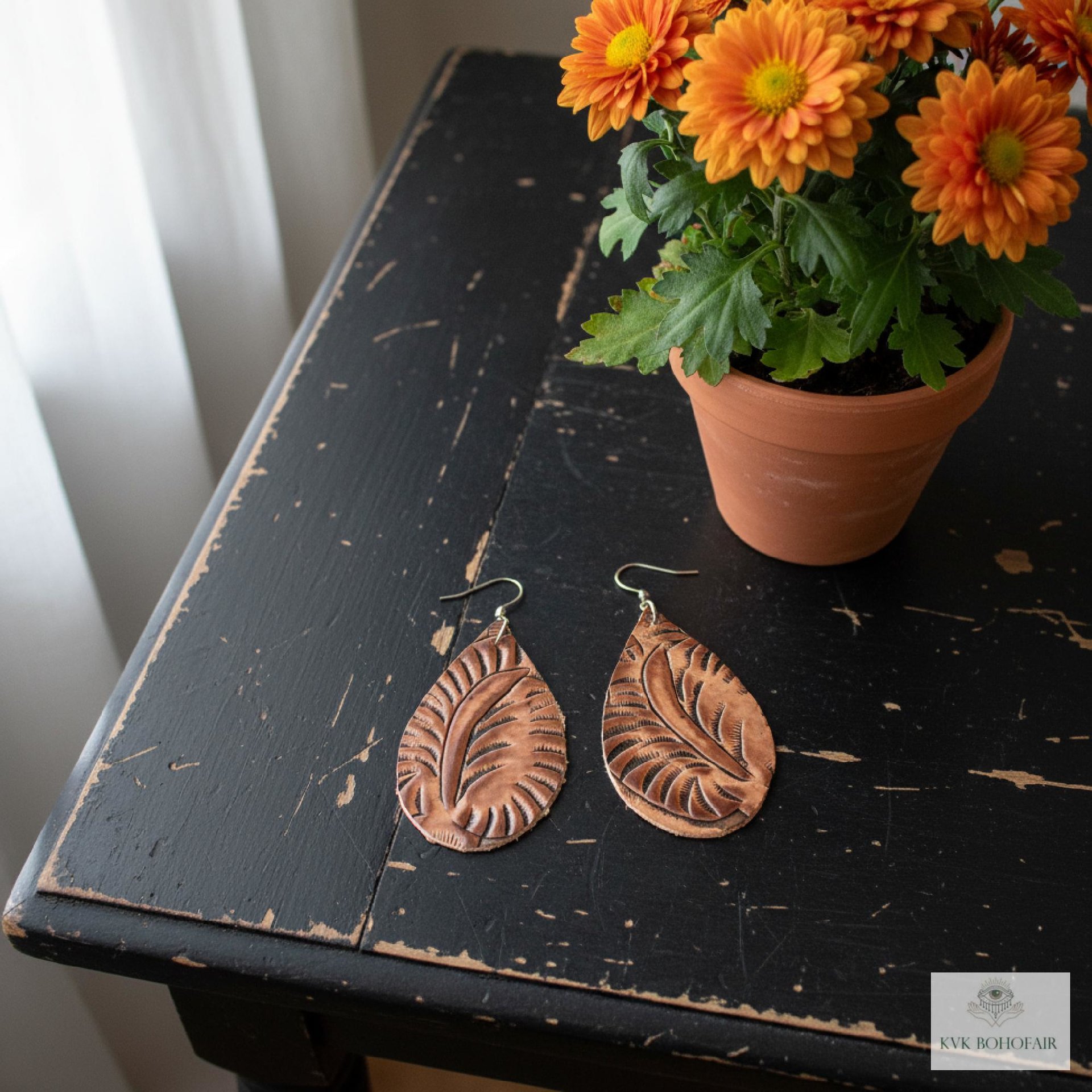 Hand Tooled Brown Leather Teardrop Earrings, Floral Embossed Genuine Leather Western Dangles