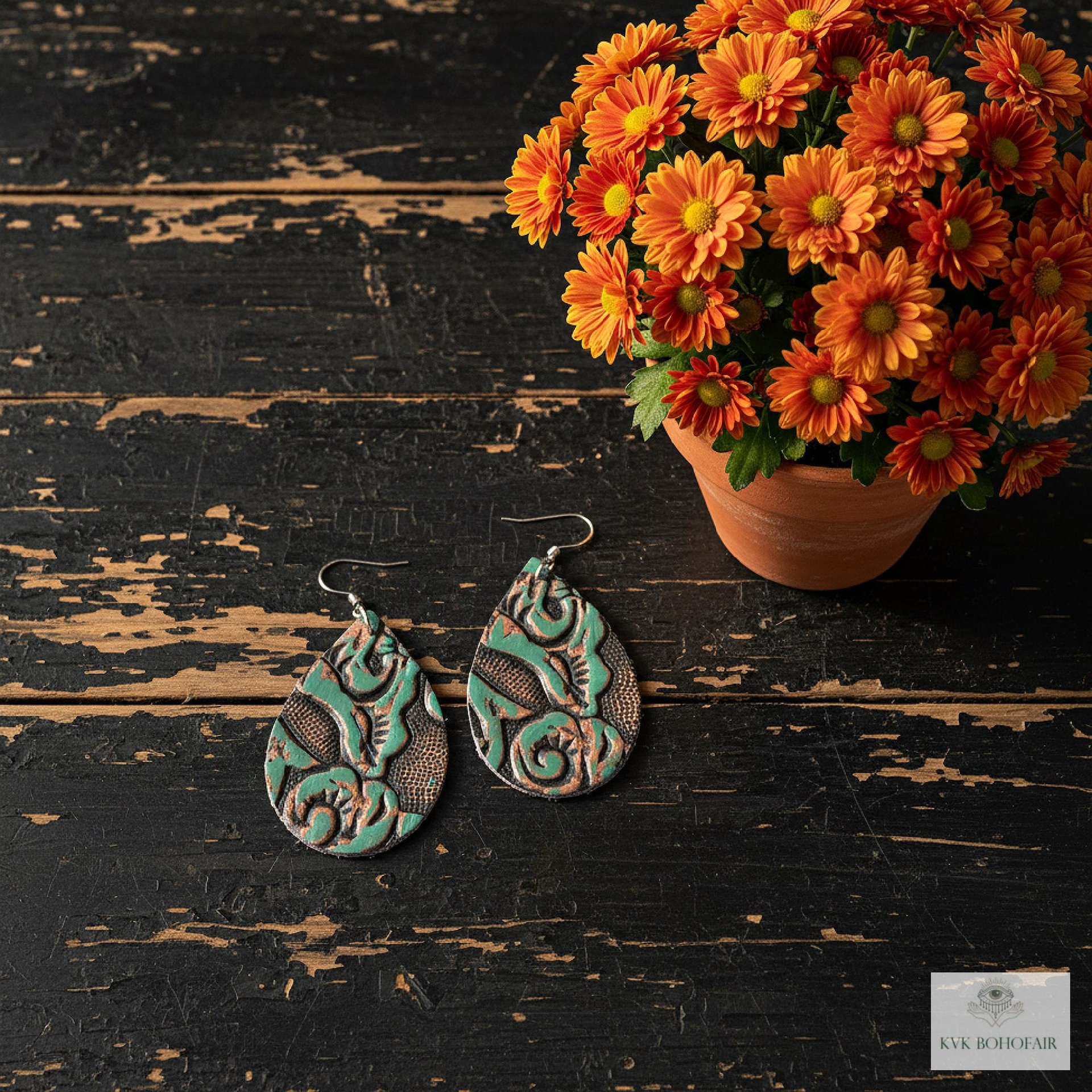 Boho Leather Teardrop Earrings - Handcrafted Turquoise Colored Dangles