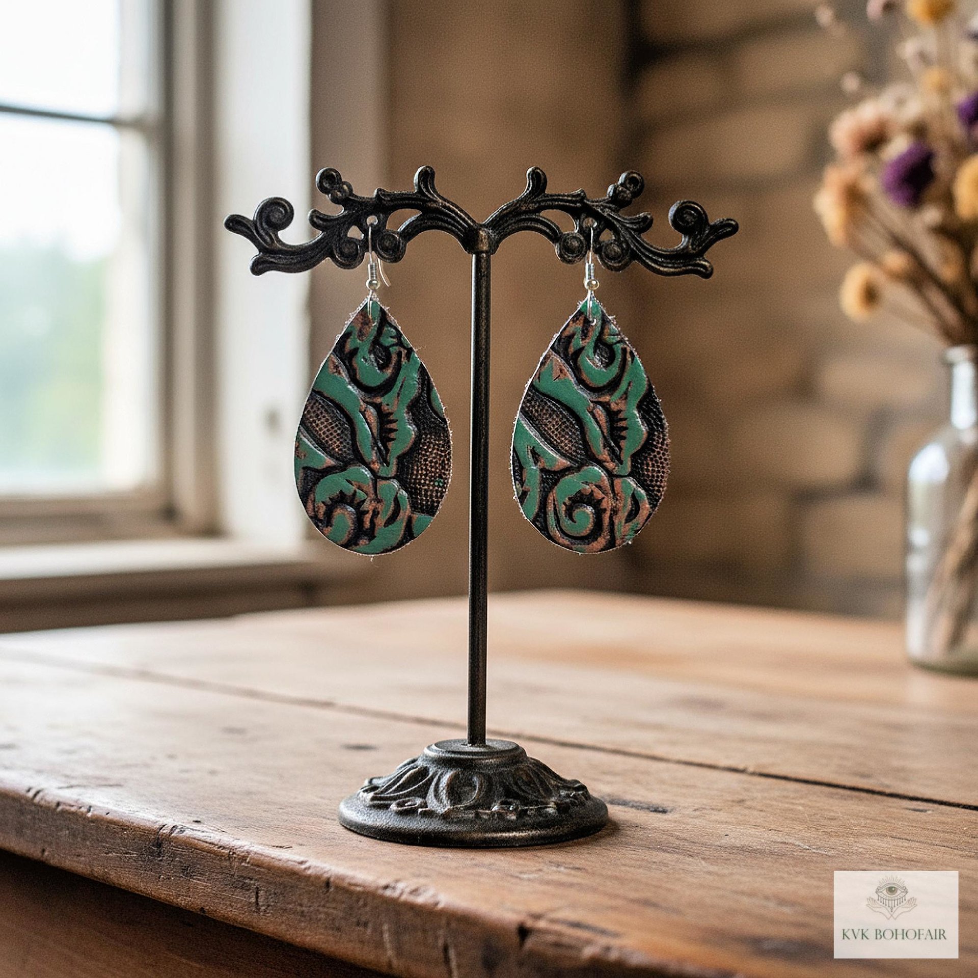 Boho Leather Teardrop Earrings - Handcrafted Turquoise Colored Dangles