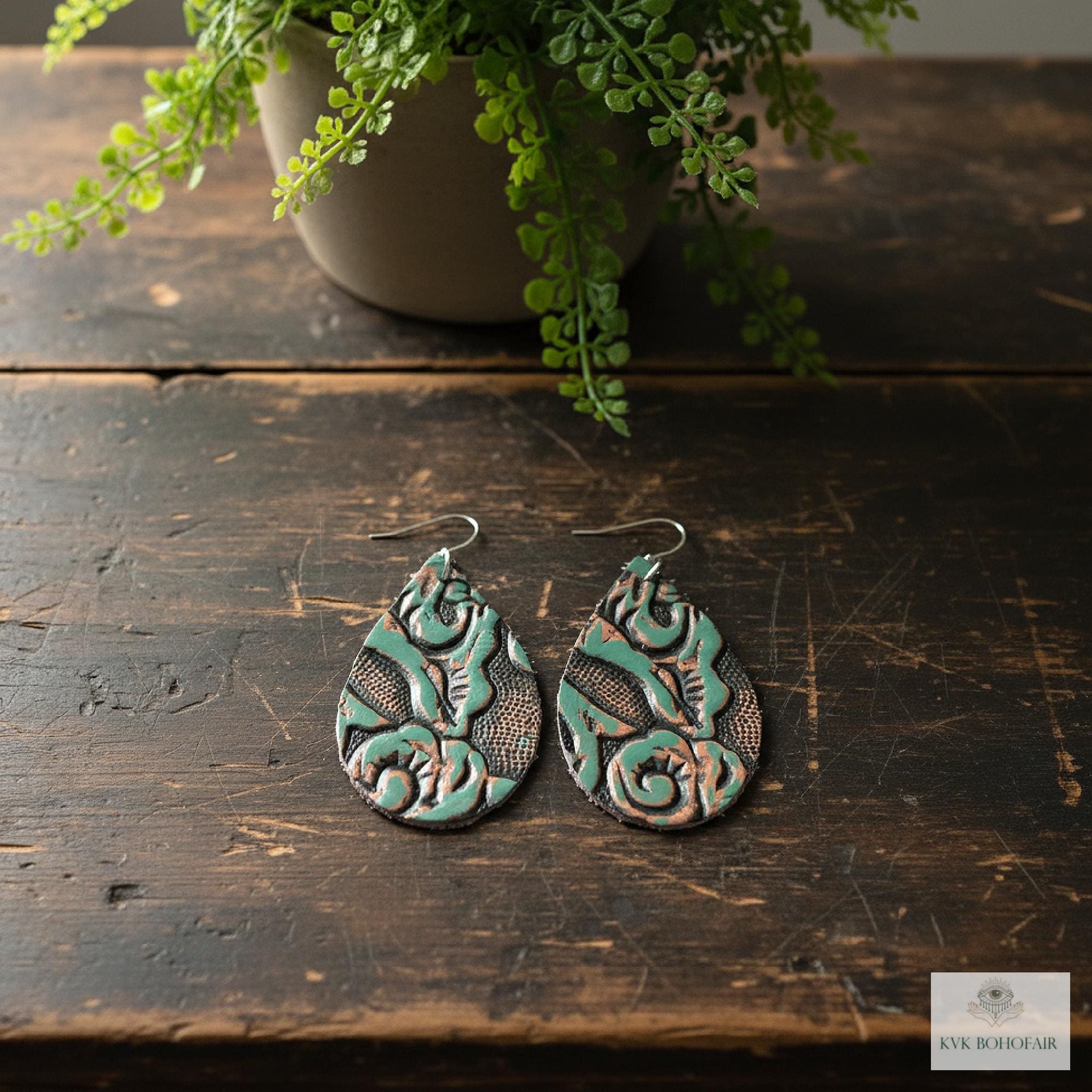 Boho Leather Teardrop Earrings - Handcrafted Turquoise Colored Dangles