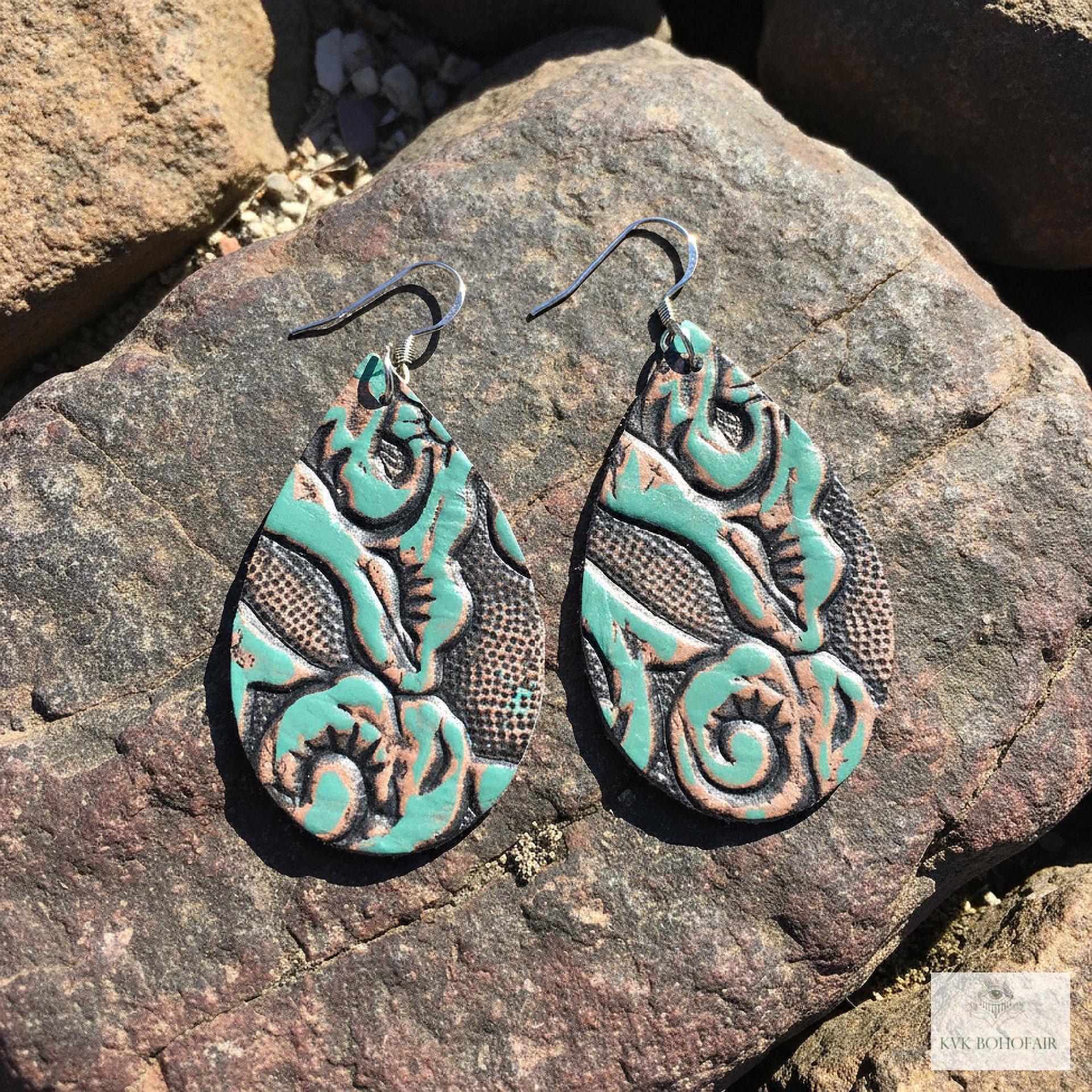 Boho Leather Teardrop Earrings - Handcrafted Turquoise Colored Dangles