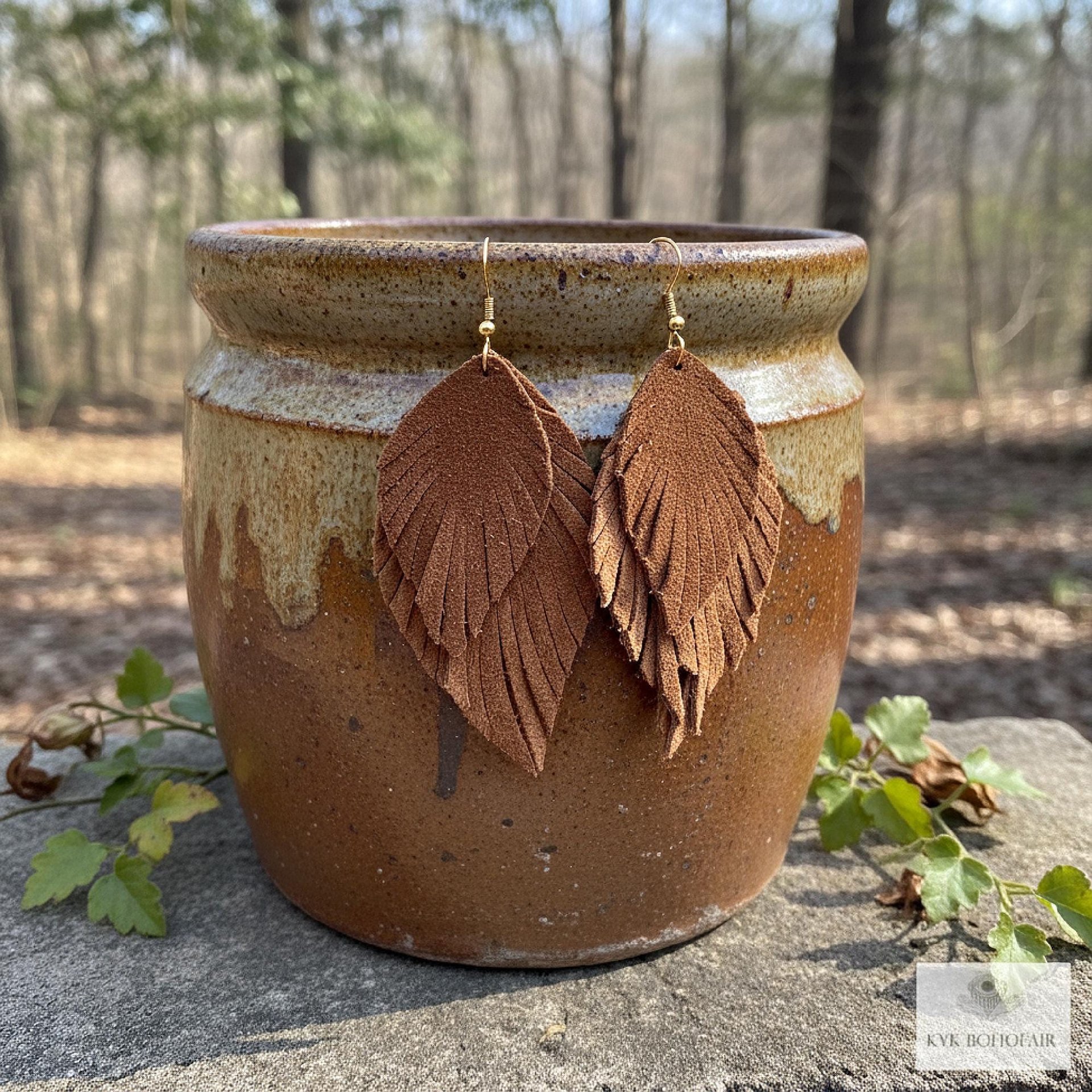 Handcrafted Brown Suede Feather Earrings, Layered Fringe Drops, Gold Plated Boho Statement Dangles