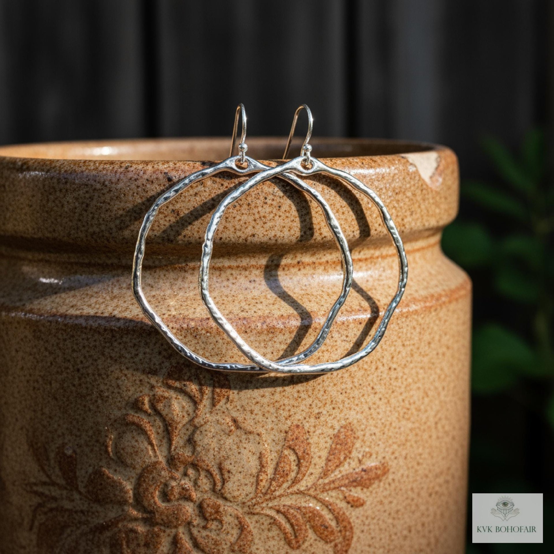 Handcrafted Boho Silver Hoop Earrings - Ethnic Hammered Dangles with 925 Sterling Silver Hooks
