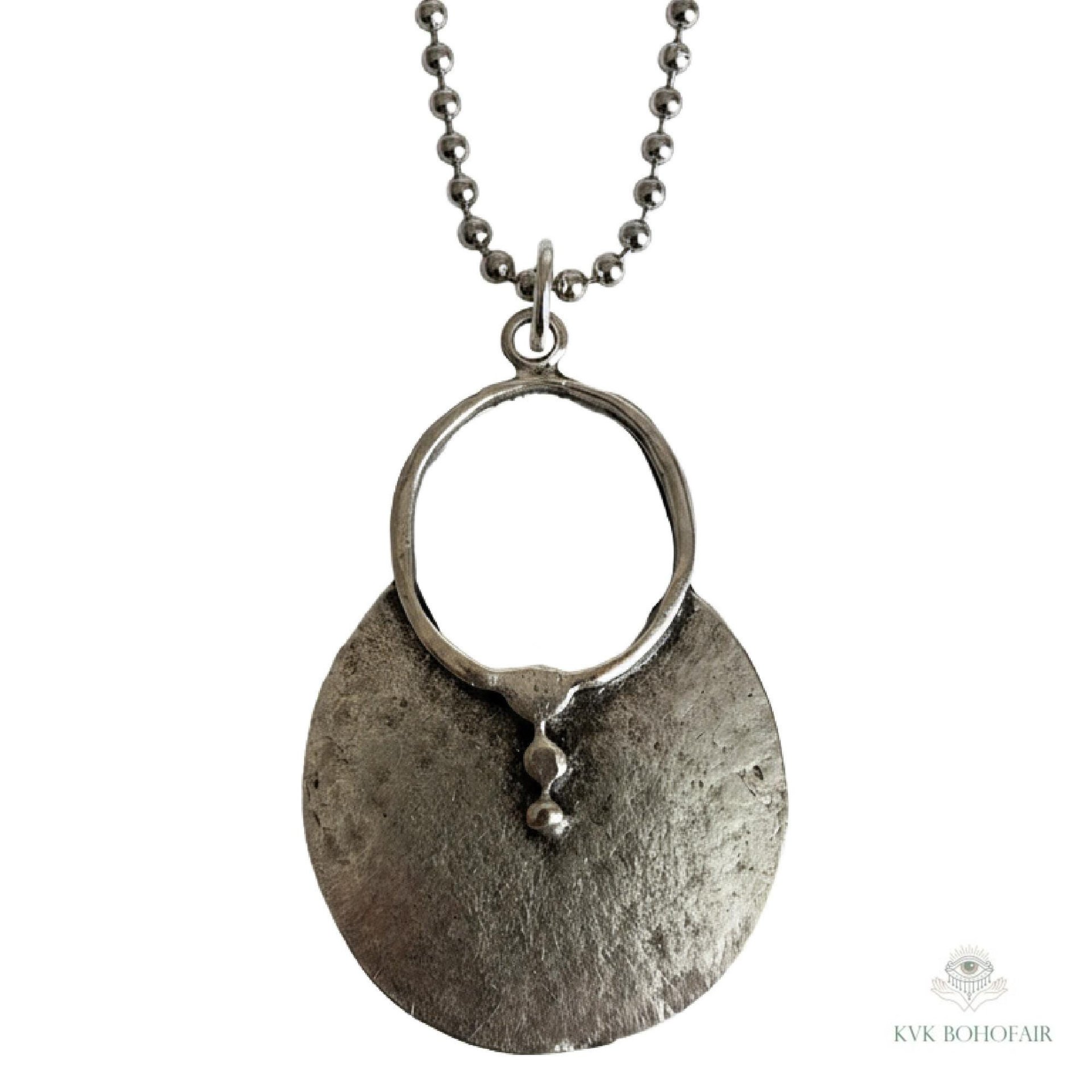 Boho Tribal Silver Circle Pendant Necklace - Unique Statement Accessory