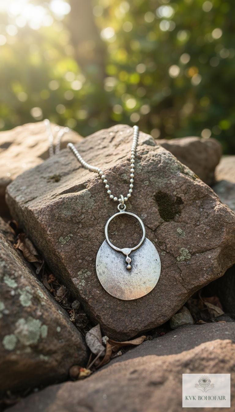 Boho Tribal Silver Circle Pendant Necklace - Unique Statement Accessory