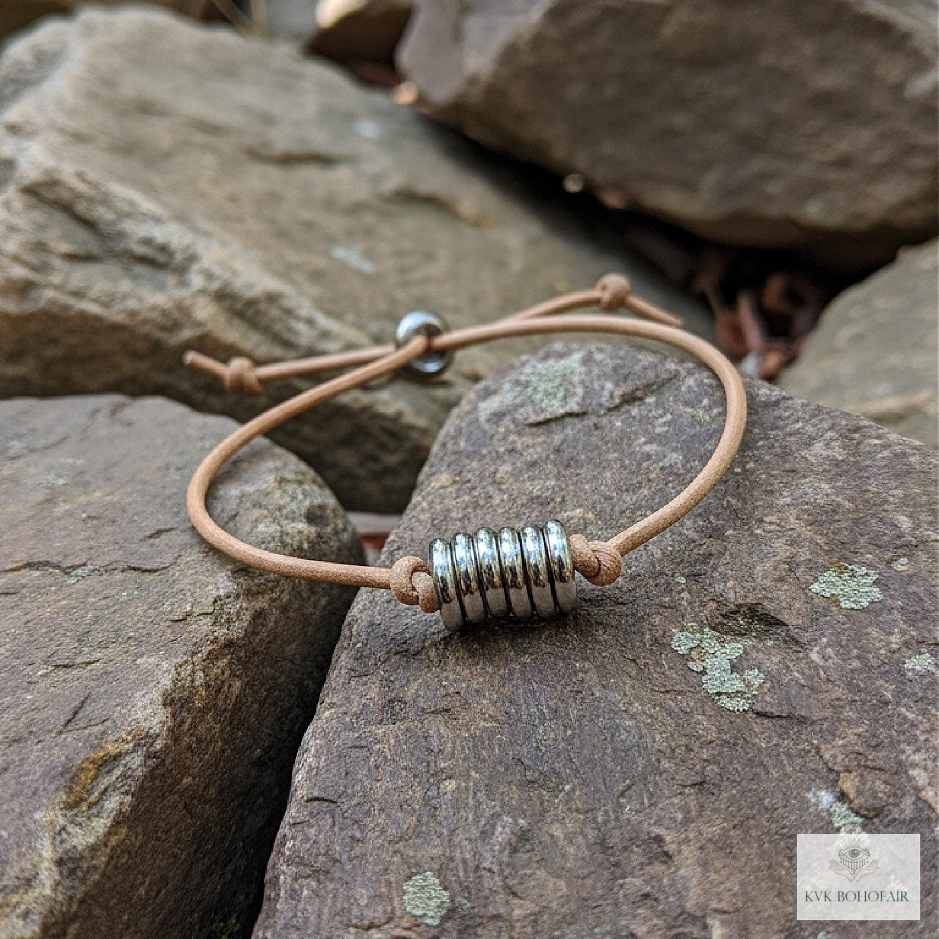 Boho Leather & Silver Bead Bracelet - Adjustable Minimalist Style