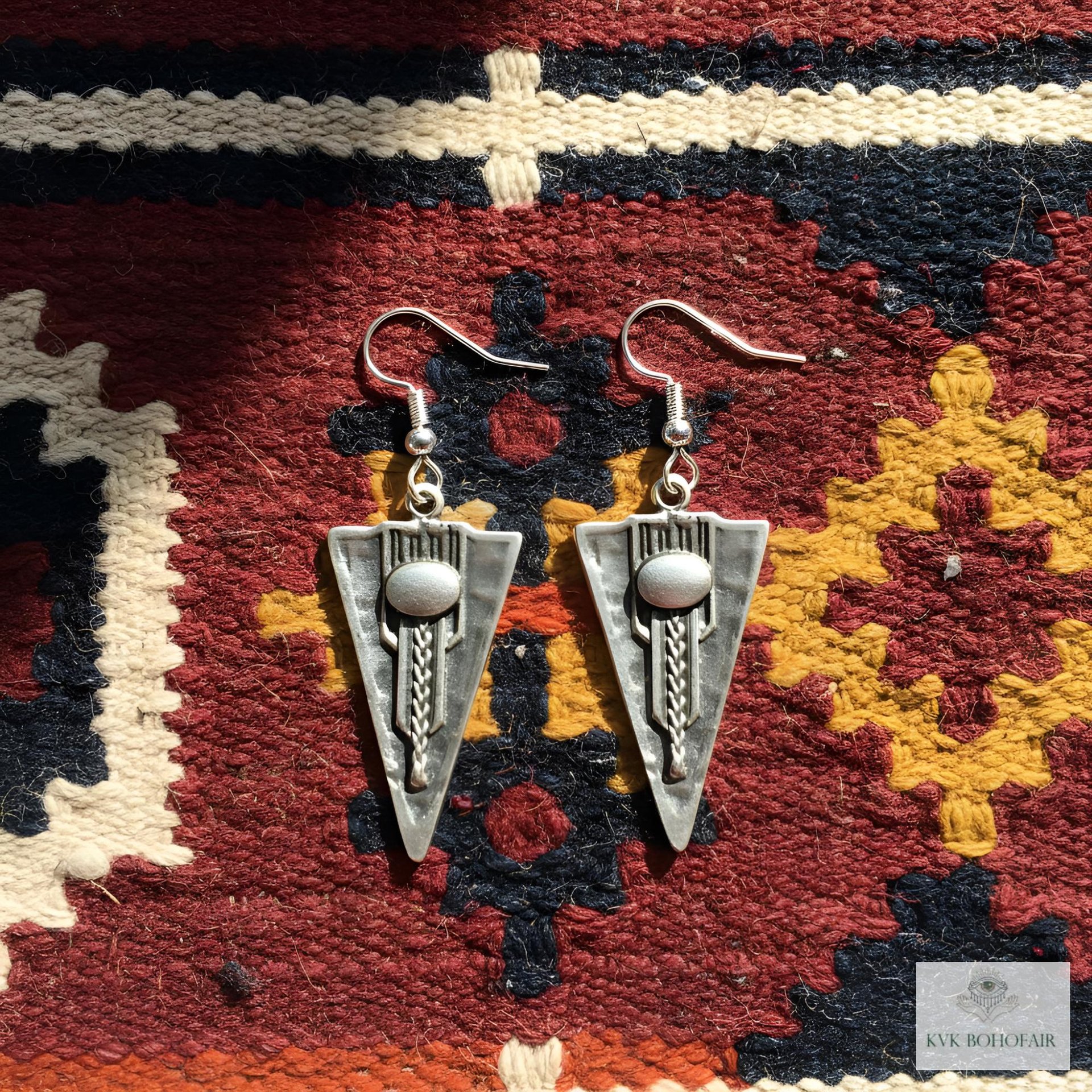 Boho Silver Tribal Earrings - Ethnic Dangles with 925 Sterling Silver Hooks