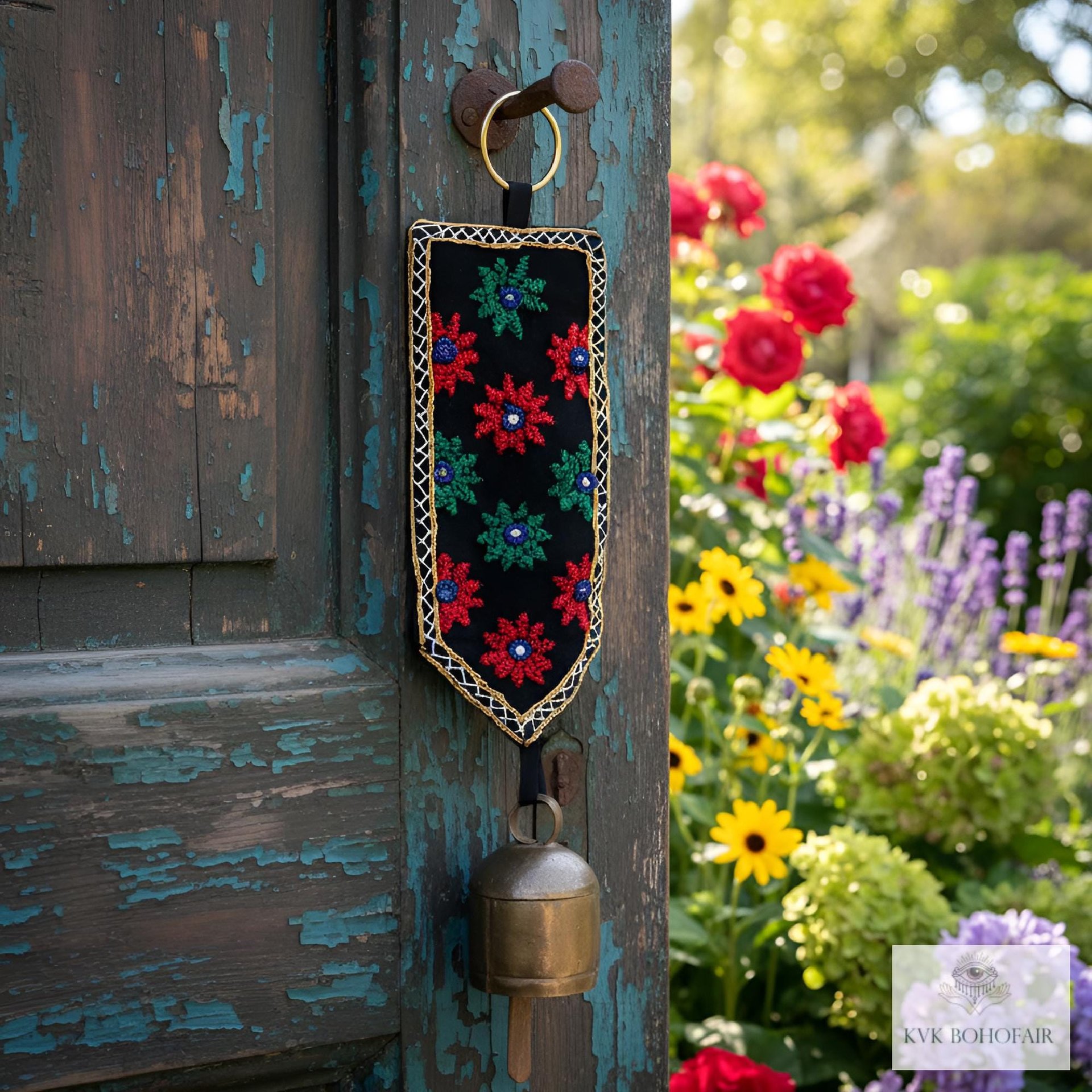 Boho Shisha Mirror Embroidery Fabric Banner Chime - Recycled Indian Wall Bell