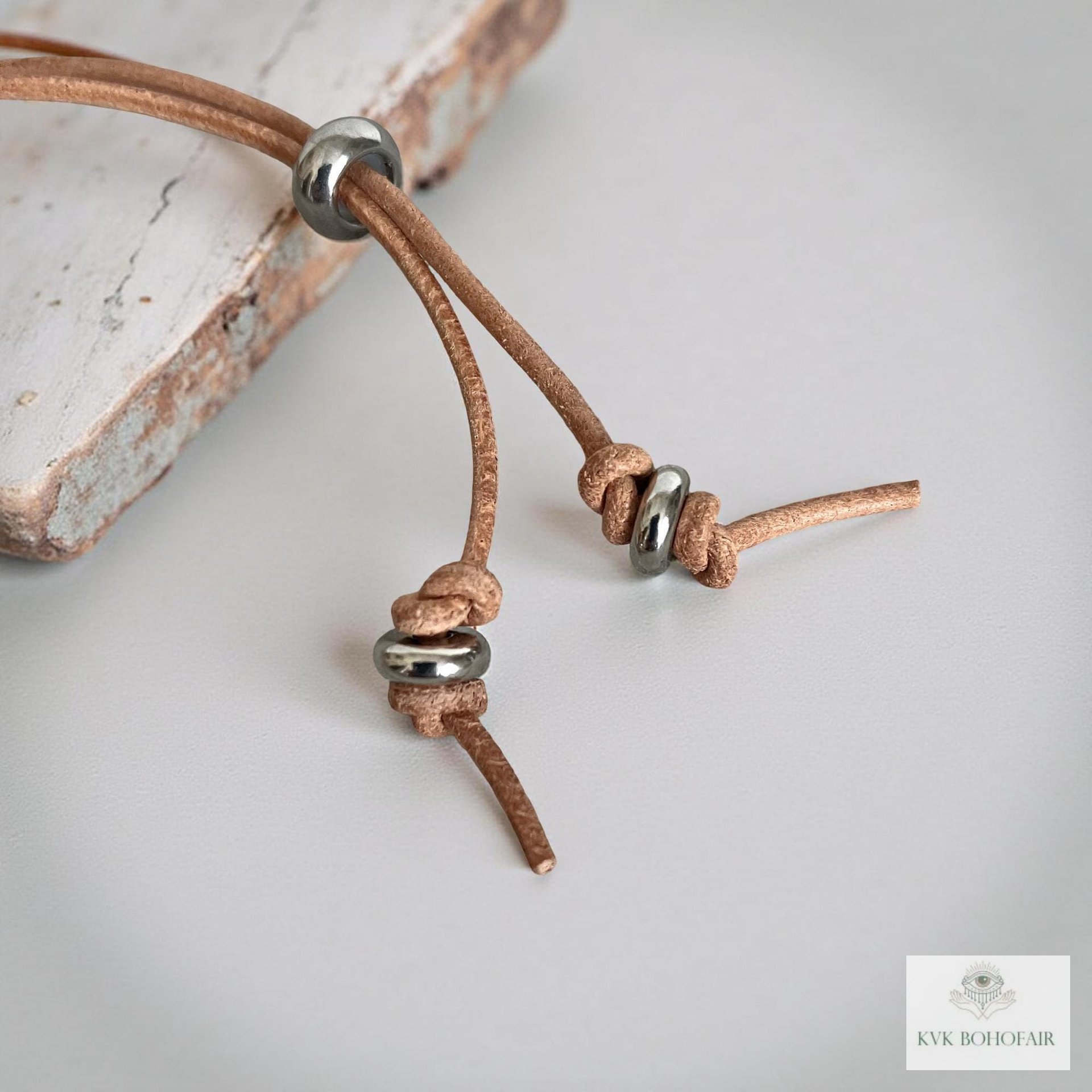 Boho Leather & Silver Bead Bracelet - Adjustable Minimalist Style