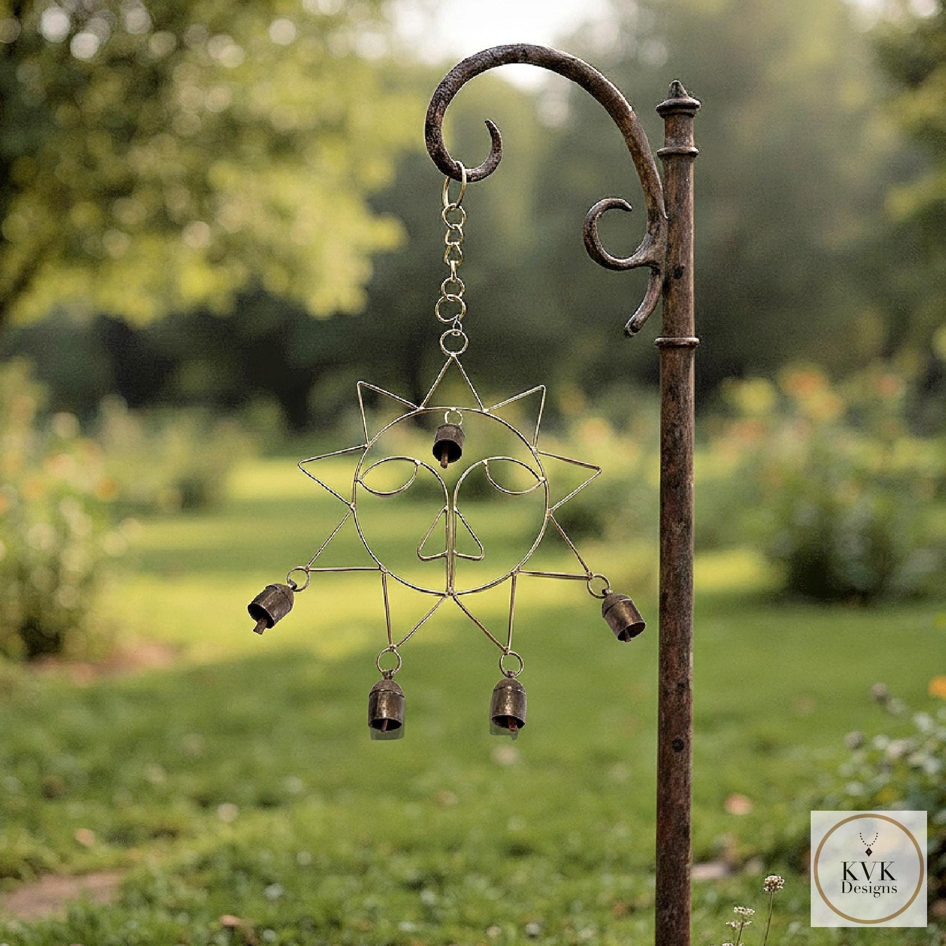 Handmade Sun Windchime - Artisan Metal Garden Decor Brass Bells
