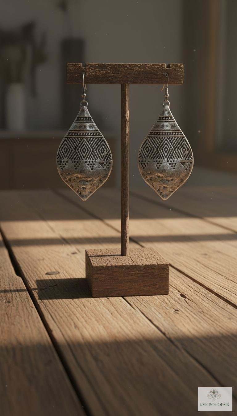 Silver Hammered Tribal Earrings - Geometric Ethnic Drop Earrings