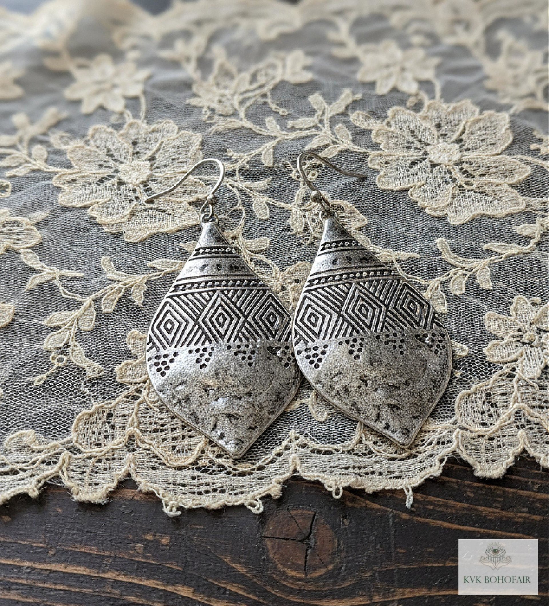 Silver Hammered Tribal Earrings - Geometric Ethnic Drop Earrings