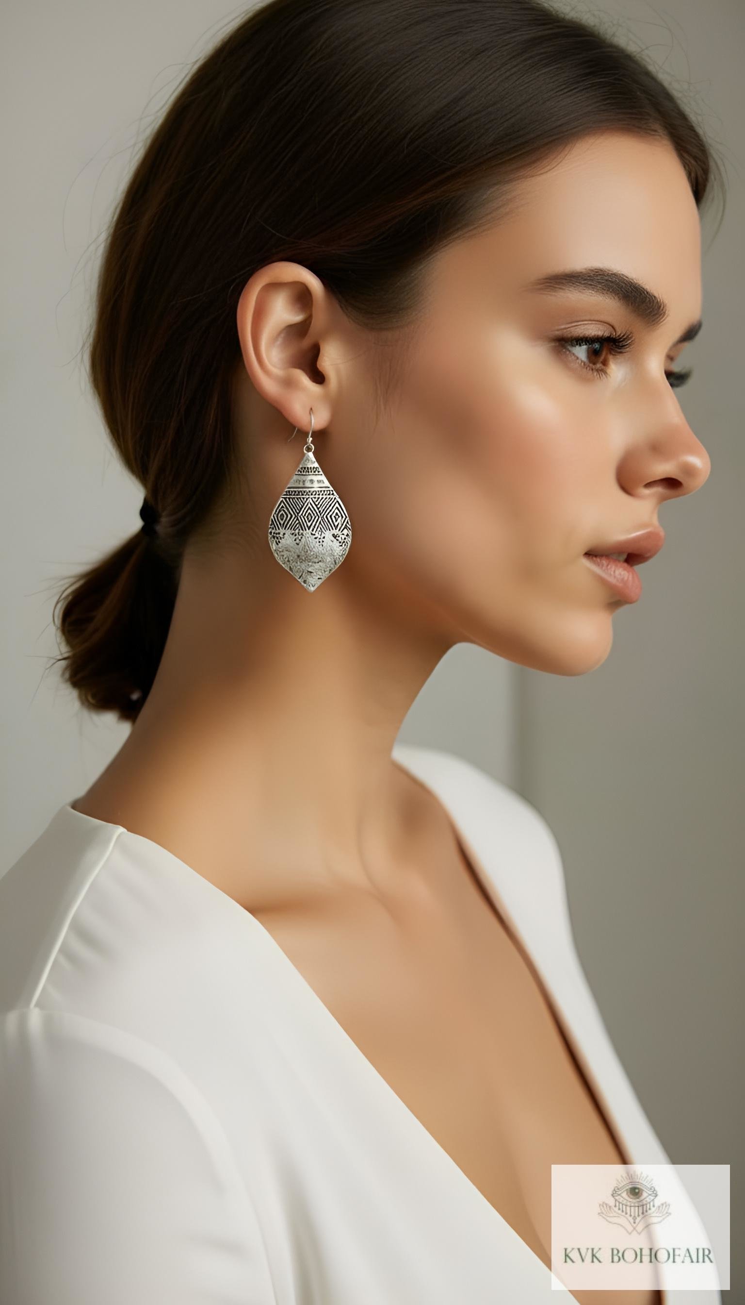 Silver Hammered Tribal Earrings - Geometric Ethnic Drop Earrings