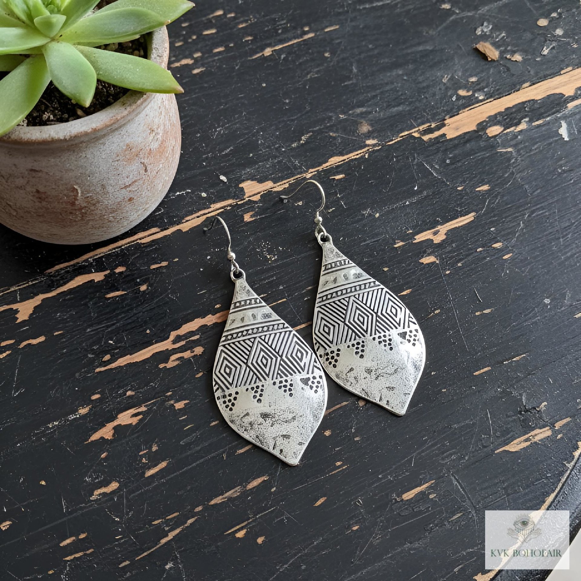 Silver Hammered Tribal Earrings - Geometric Ethnic Drop Earrings