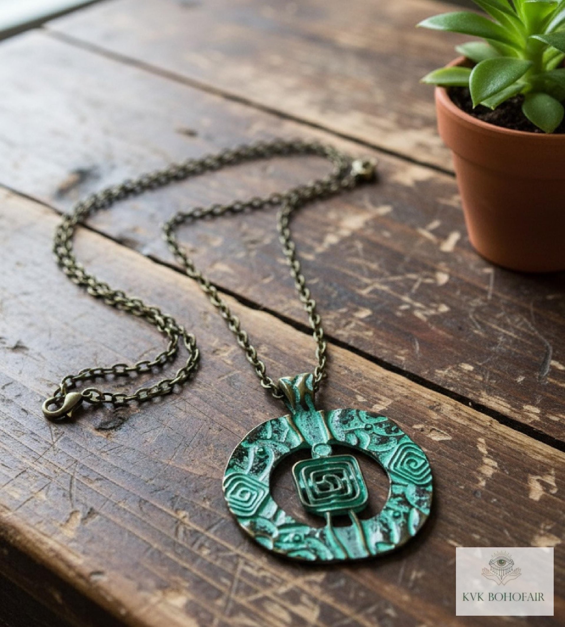 Brass Patina Circle Necklace, Boho Verdigris Pendant, Tribal Green Bronze Statement