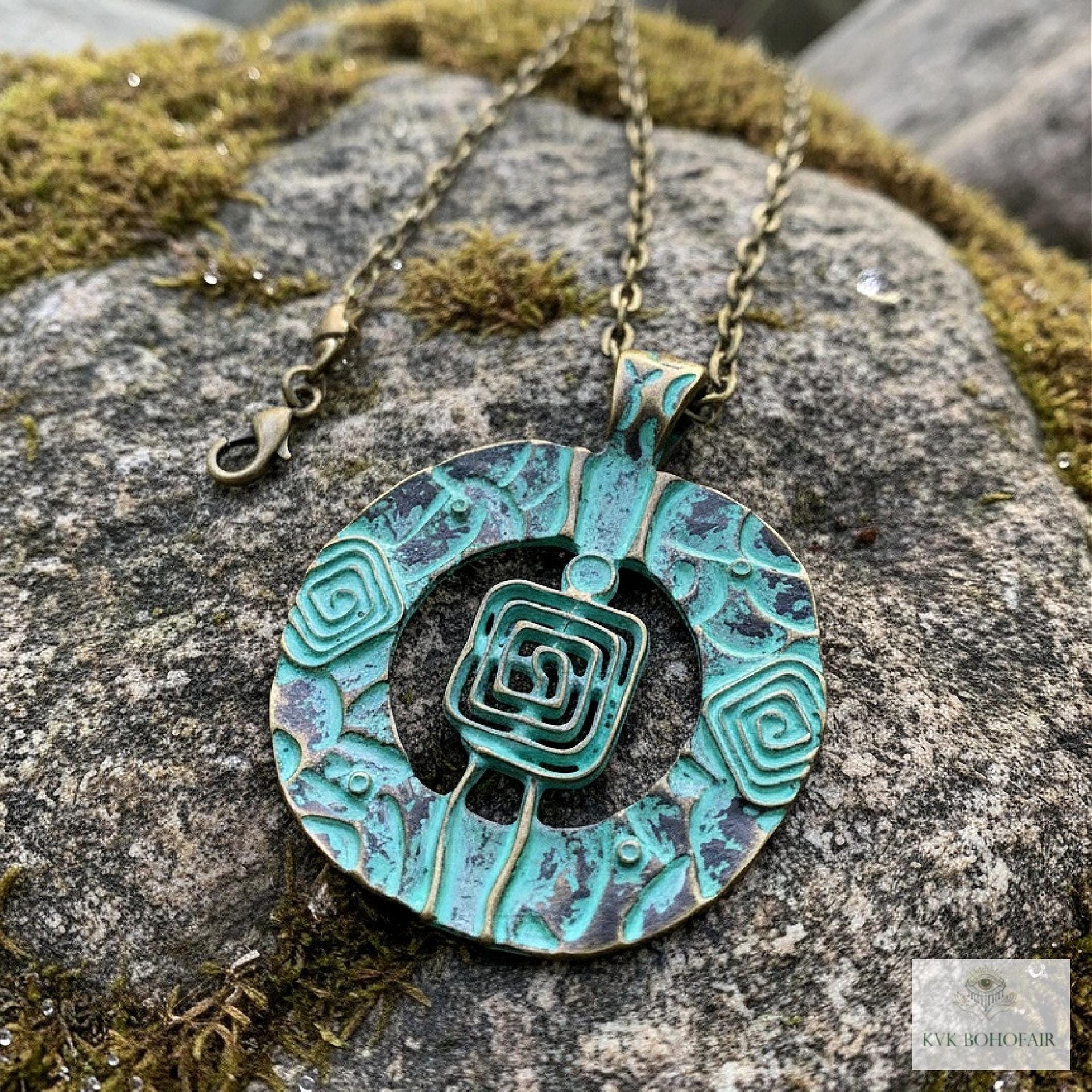 Brass Patina Circle Necklace, Boho Verdigris Pendant, Tribal Green Bronze Statement
