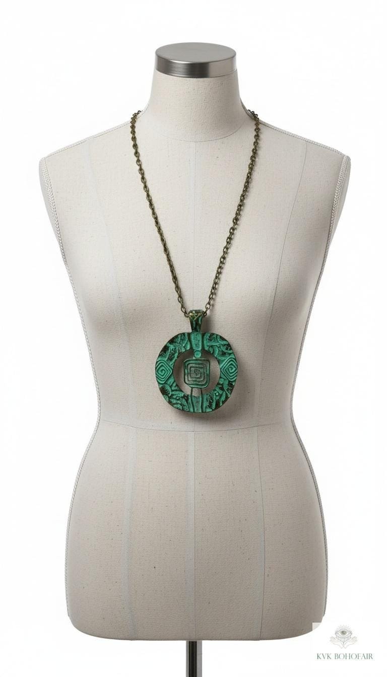 Brass Patina Circle Necklace, Boho Verdigris Pendant, Tribal Green Bronze Statement