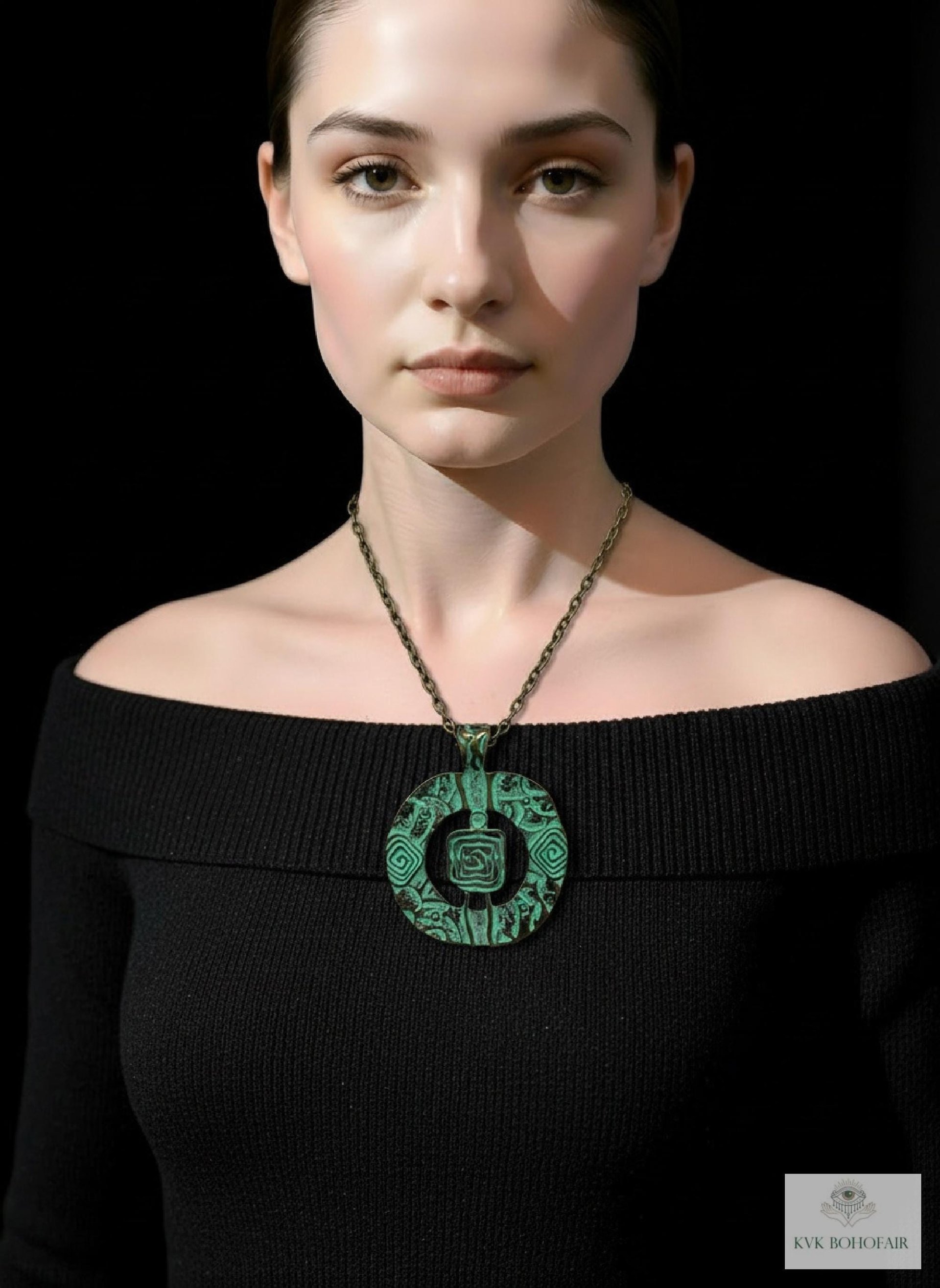 Brass Patina Circle Necklace, Boho Verdigris Pendant, Tribal Green Bronze Statement