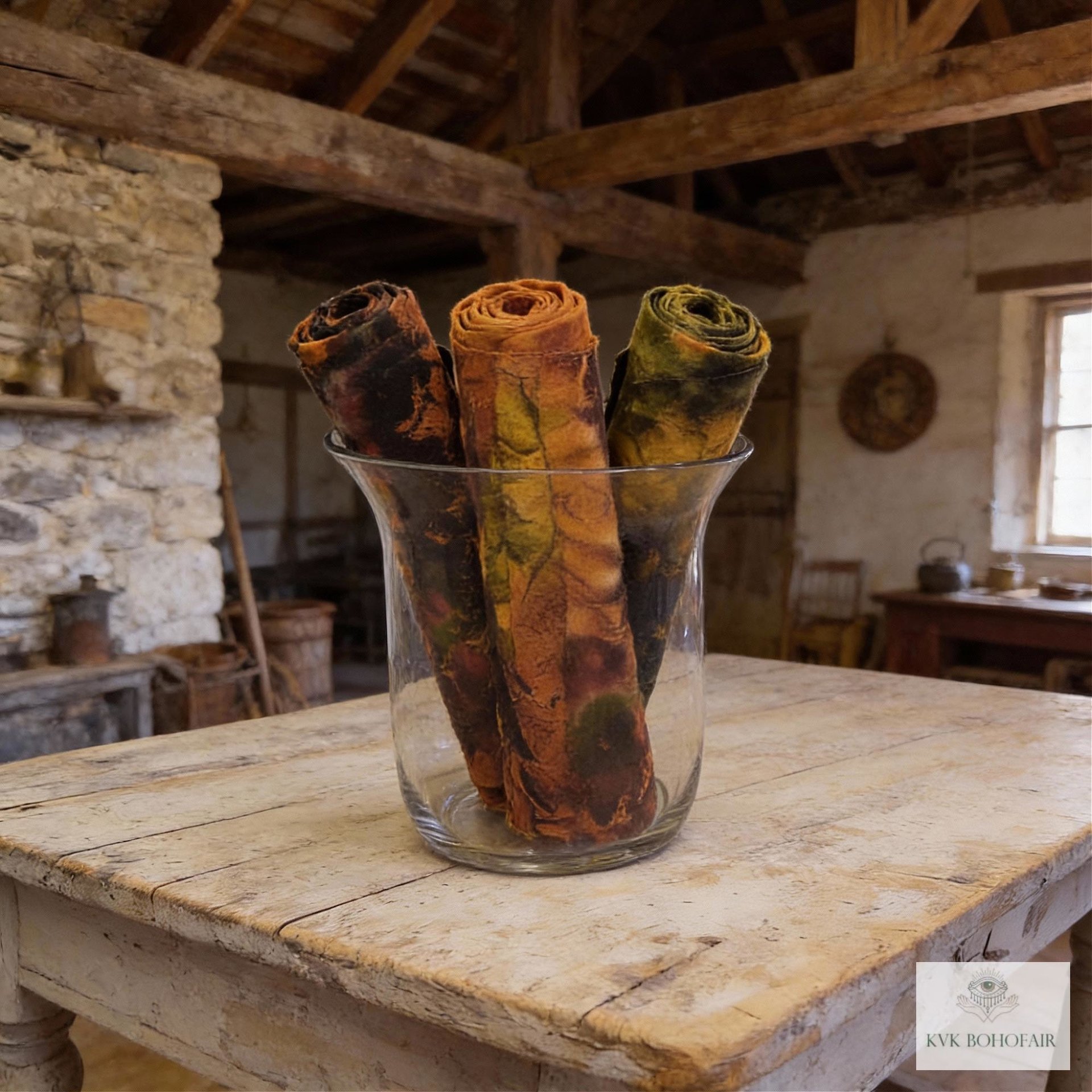A clear glass vase holds three rolled tie dye fabric scarves. The scarves display a mix of colors, including brown, orange, and green, with a mottled pattern. The vase sits on a rustic, weathered wooden table.