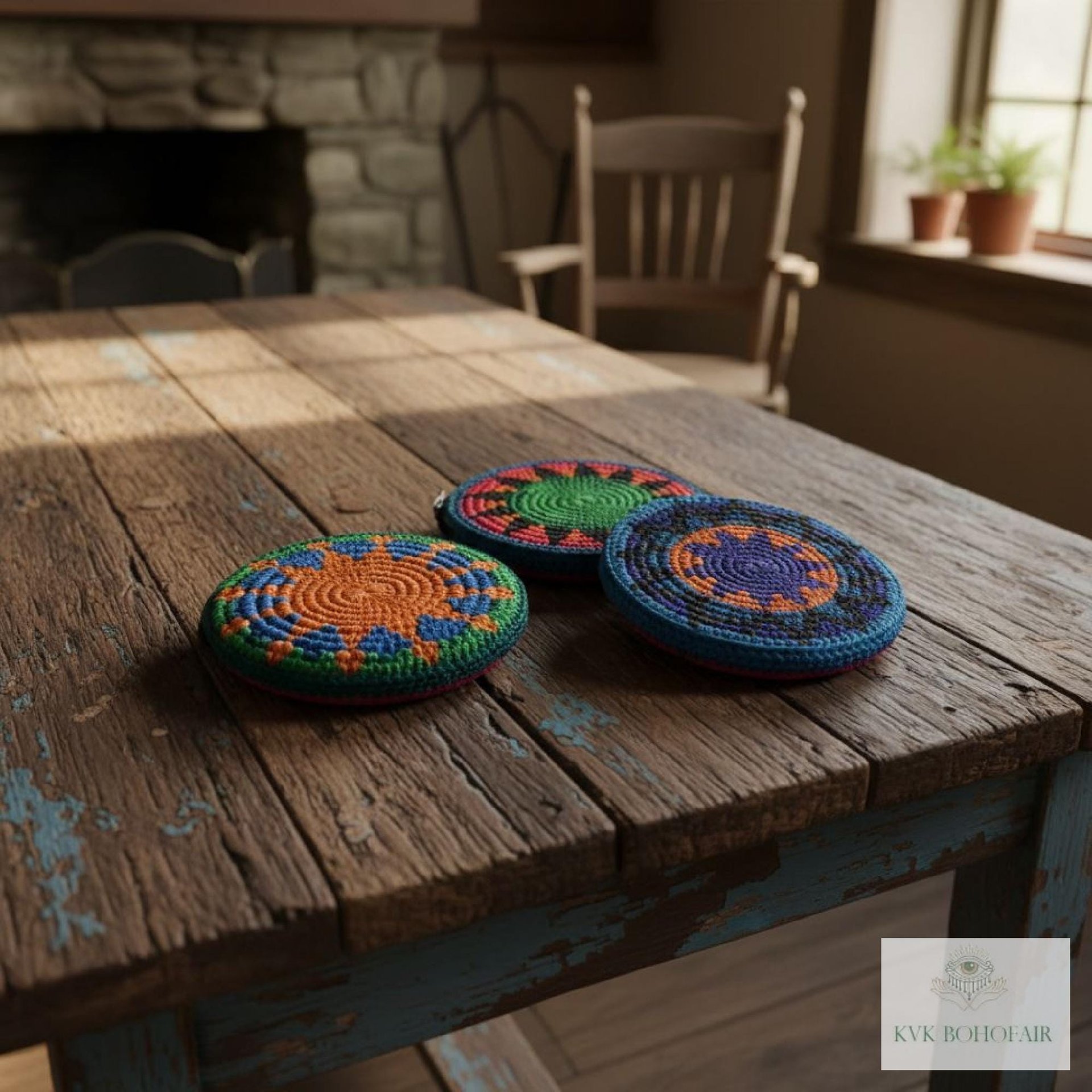 Three colorful, round crocheted coin purses sit on a rustic wooden table in a cozy room with a stone fireplace, wooden chair, and sunny window. The crocheted coin purses have vibrant patterns and the room has a warm, inviting atmosphere.