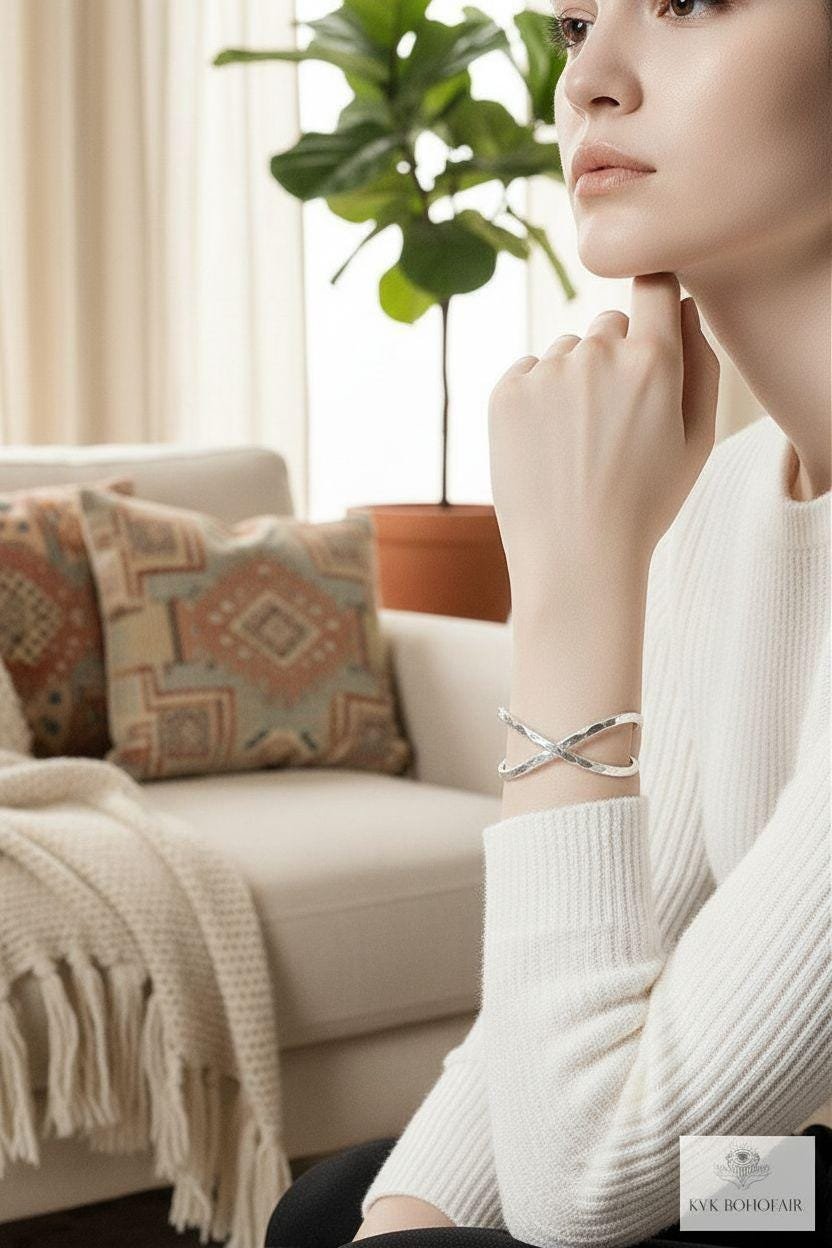 Hammered Silver Criss Cross Cuff Bracelet: Boho X Design