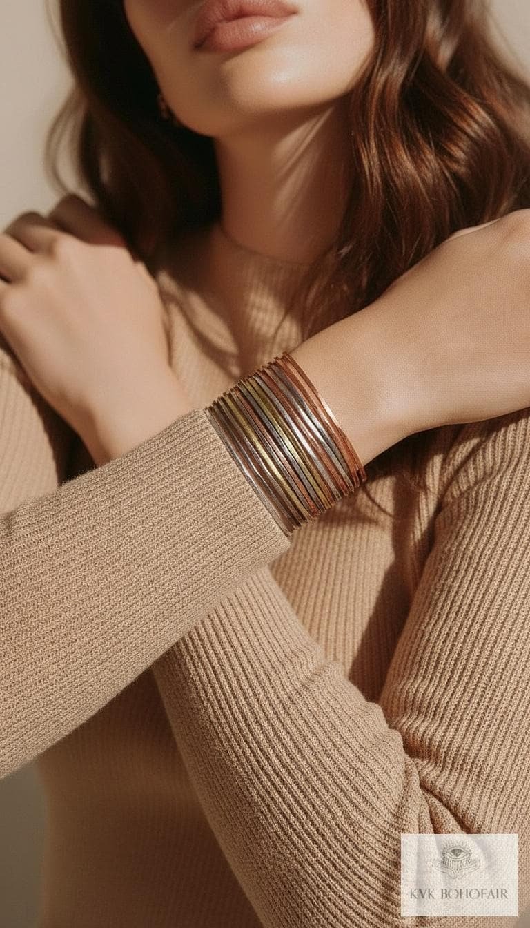 Wide Hammered Mixed Metal Cuff Bracelet - Statement Artisan Jewelry