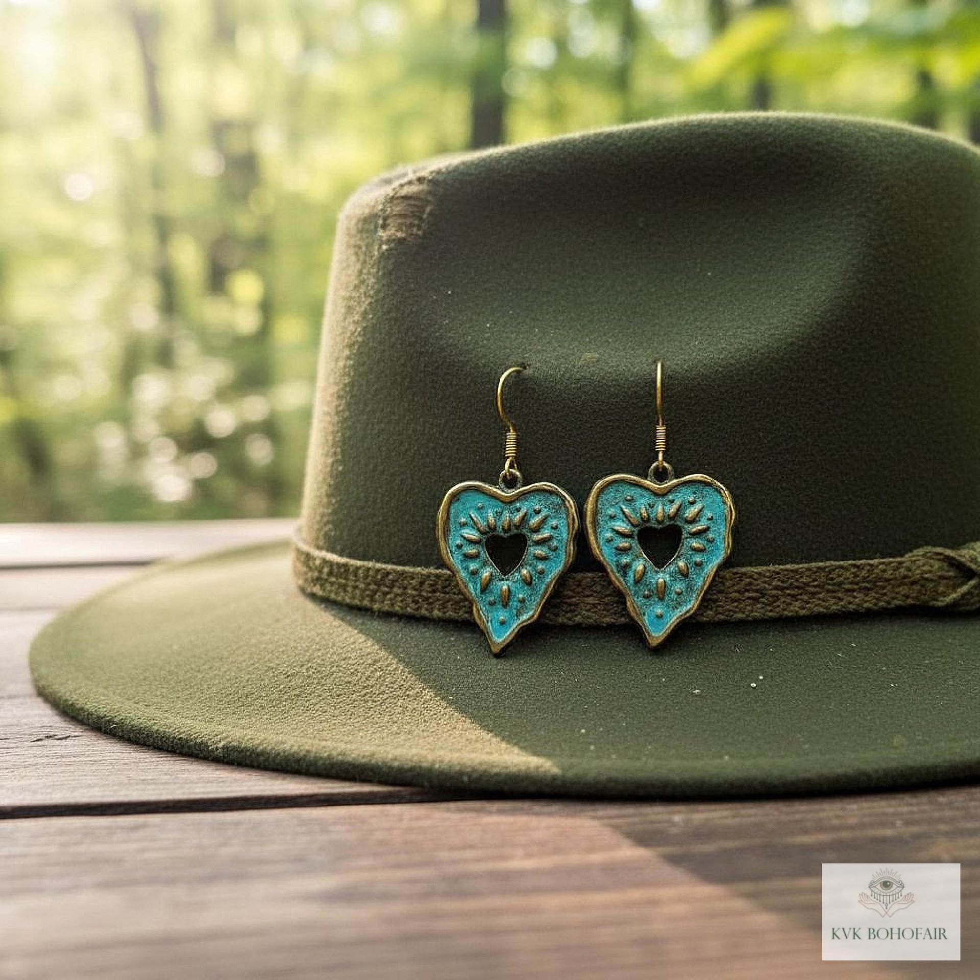 Rustic Patina Brass Heart Sunburst Earrings: Boho Jewelry