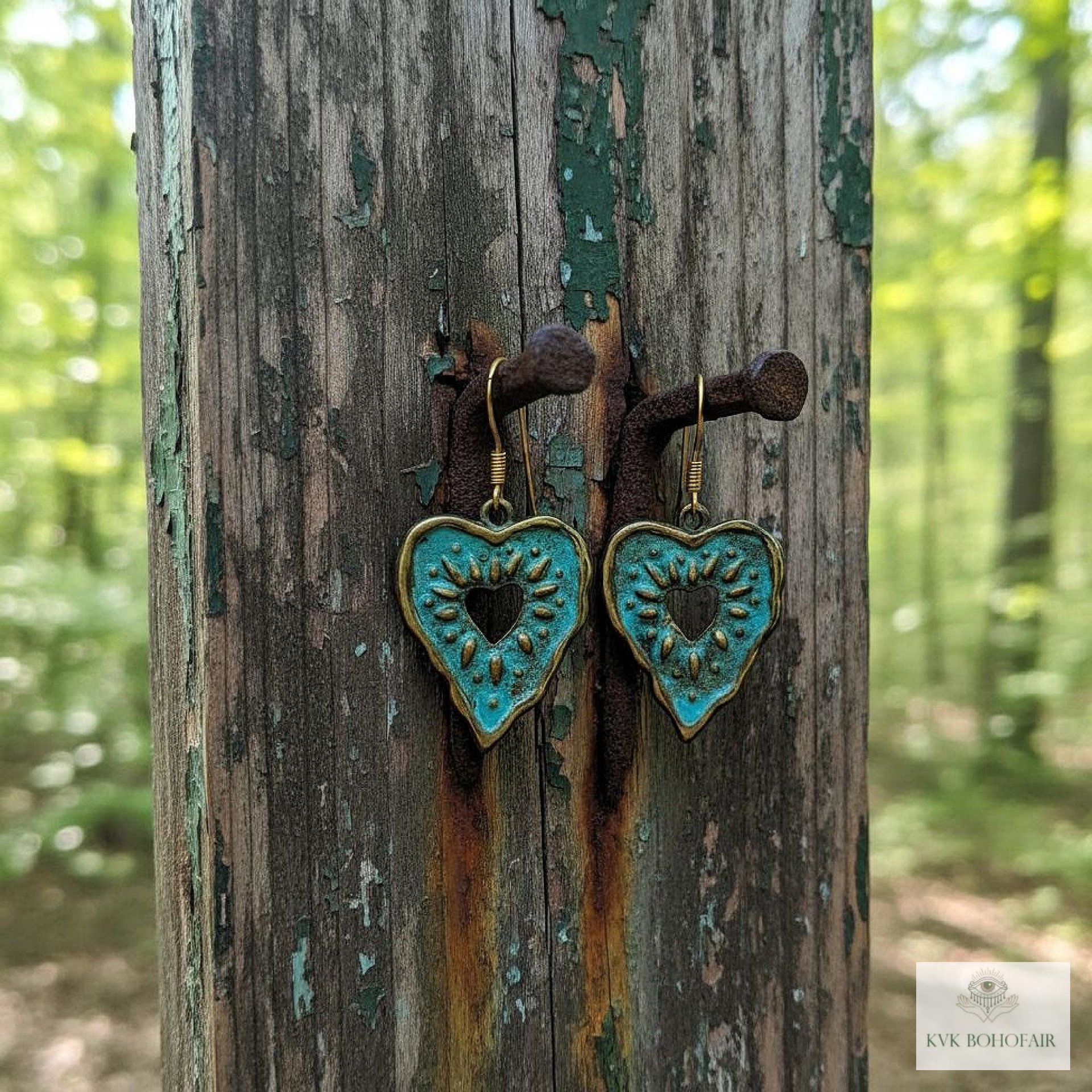 Rustic Patina Brass Heart Sunburst Earrings: Boho Jewelry