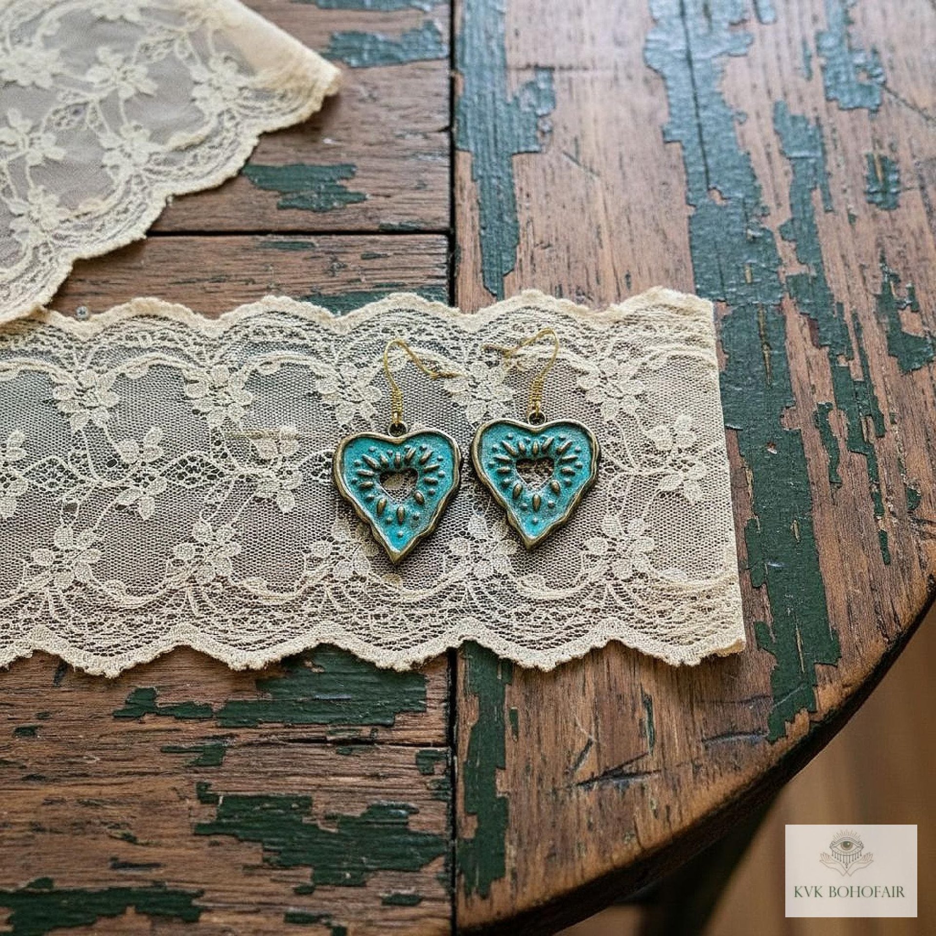 Rustic Patina Brass Heart Sunburst Earrings: Boho Jewelry