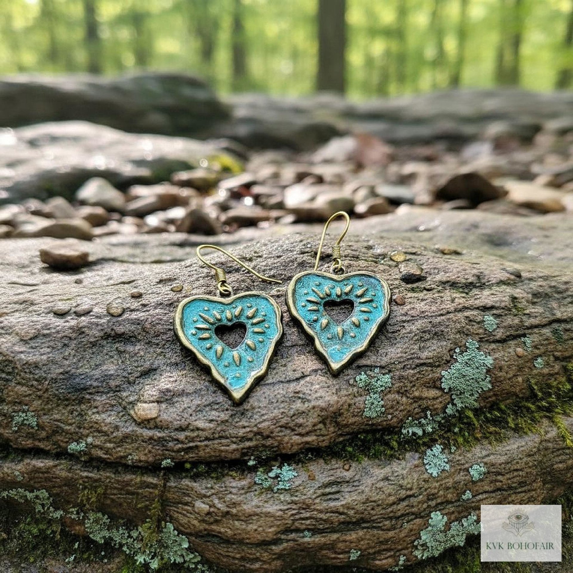 Rustic Patina Brass Heart Sunburst Earrings: Boho Jewelry